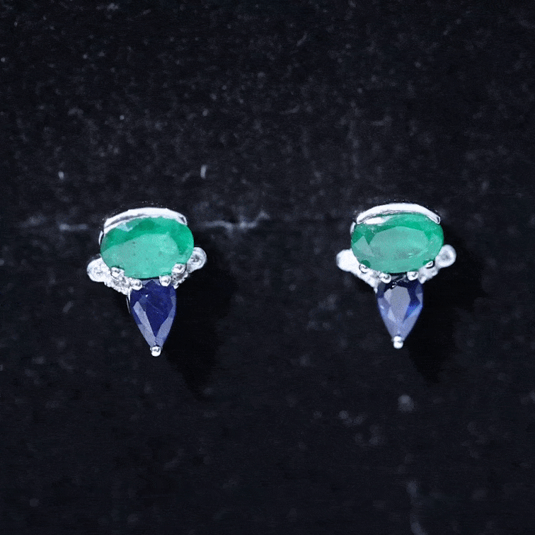 Blue Sapphire and Emerald Vintage Stud Earrings with Diamond