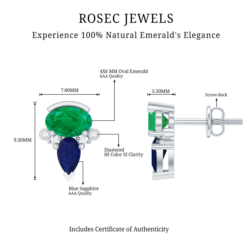Blue Sapphire and Emerald Vintage Stud Earrings with Diamond