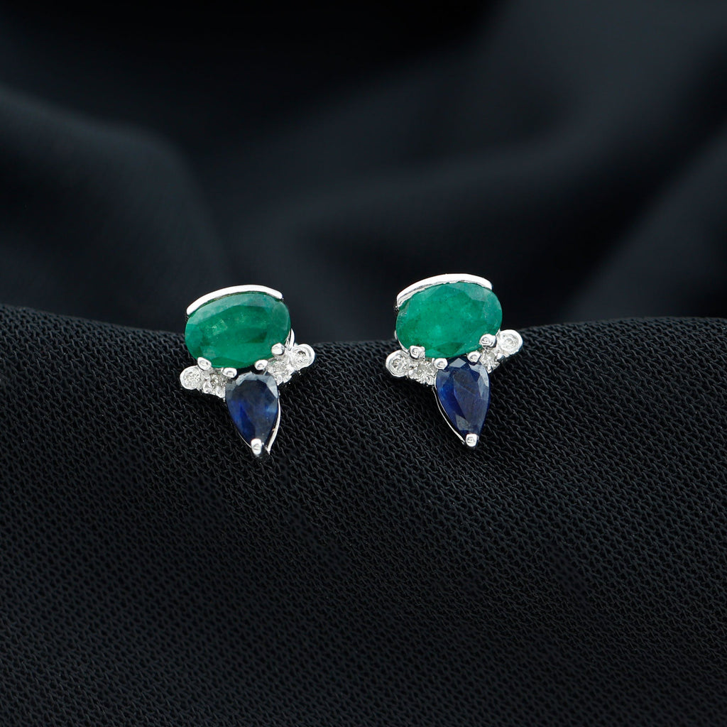 Blue Sapphire and Emerald Vintage Stud Earrings with Diamond