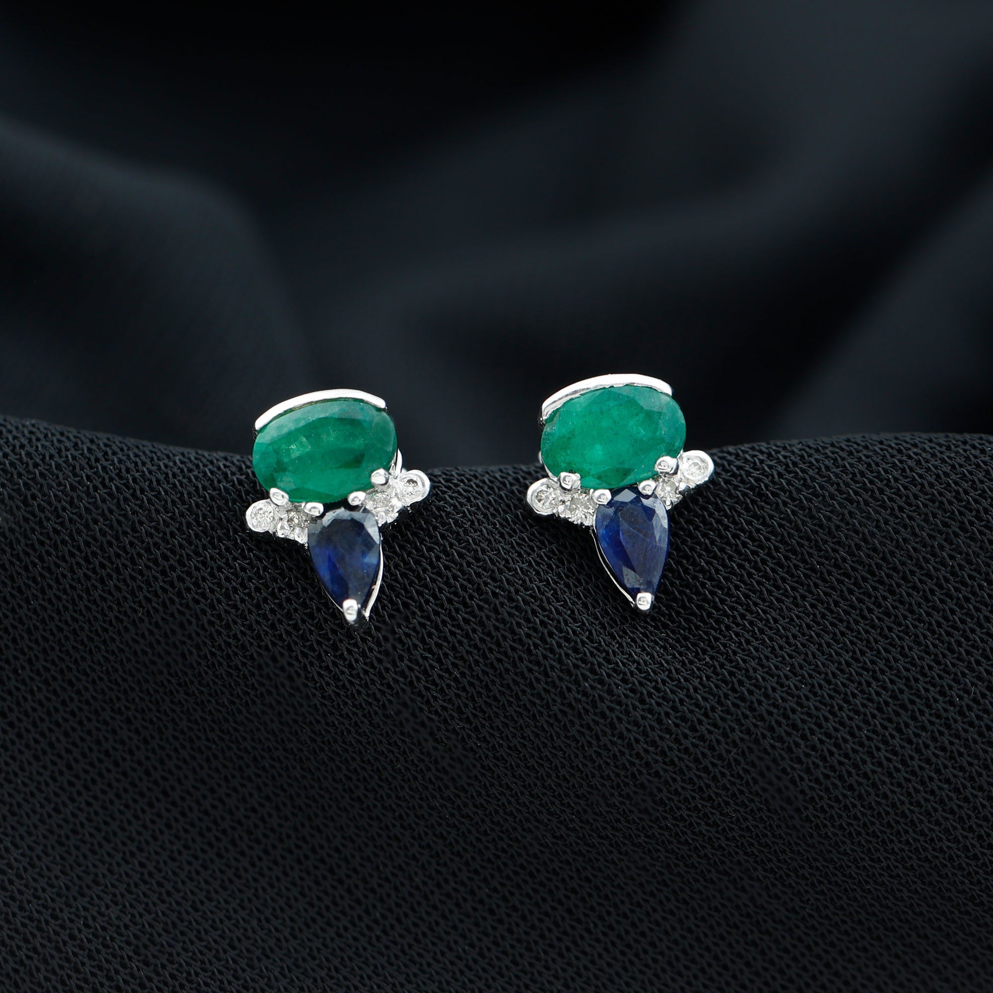 Blue Sapphire and Emerald Vintage Stud Earrings with Diamond
