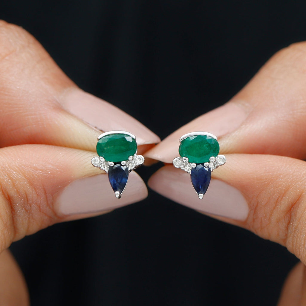 Blue Sapphire and Emerald Vintage Stud Earrings with Diamond