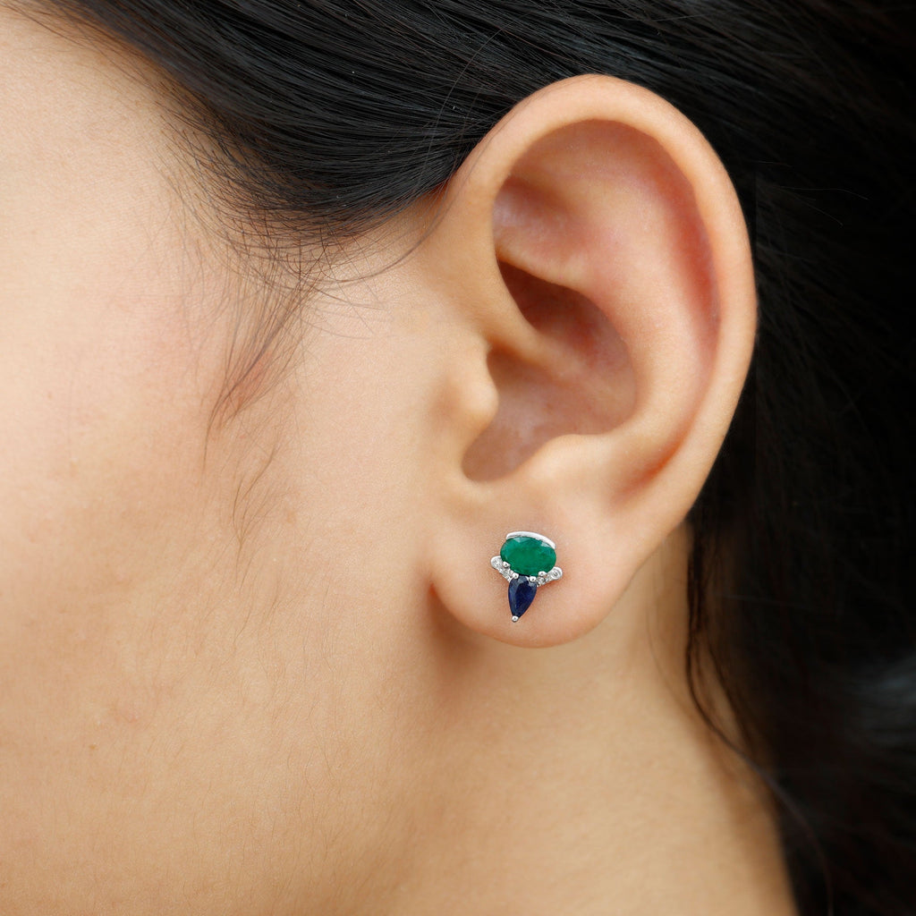 Blue Sapphire and Emerald Vintage Stud Earrings with Diamond