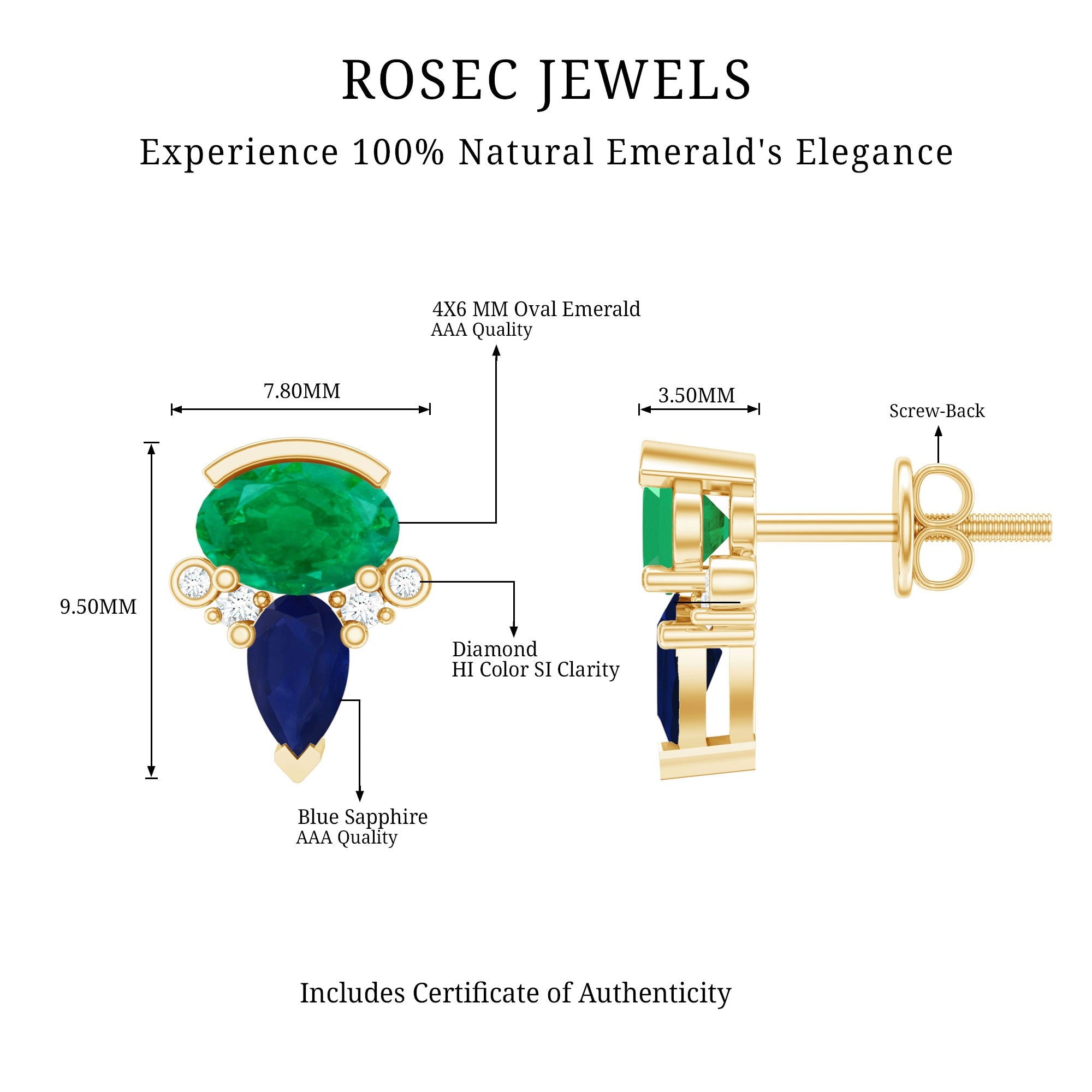Blue Sapphire and Emerald Vintage Stud Earrings with Diamond