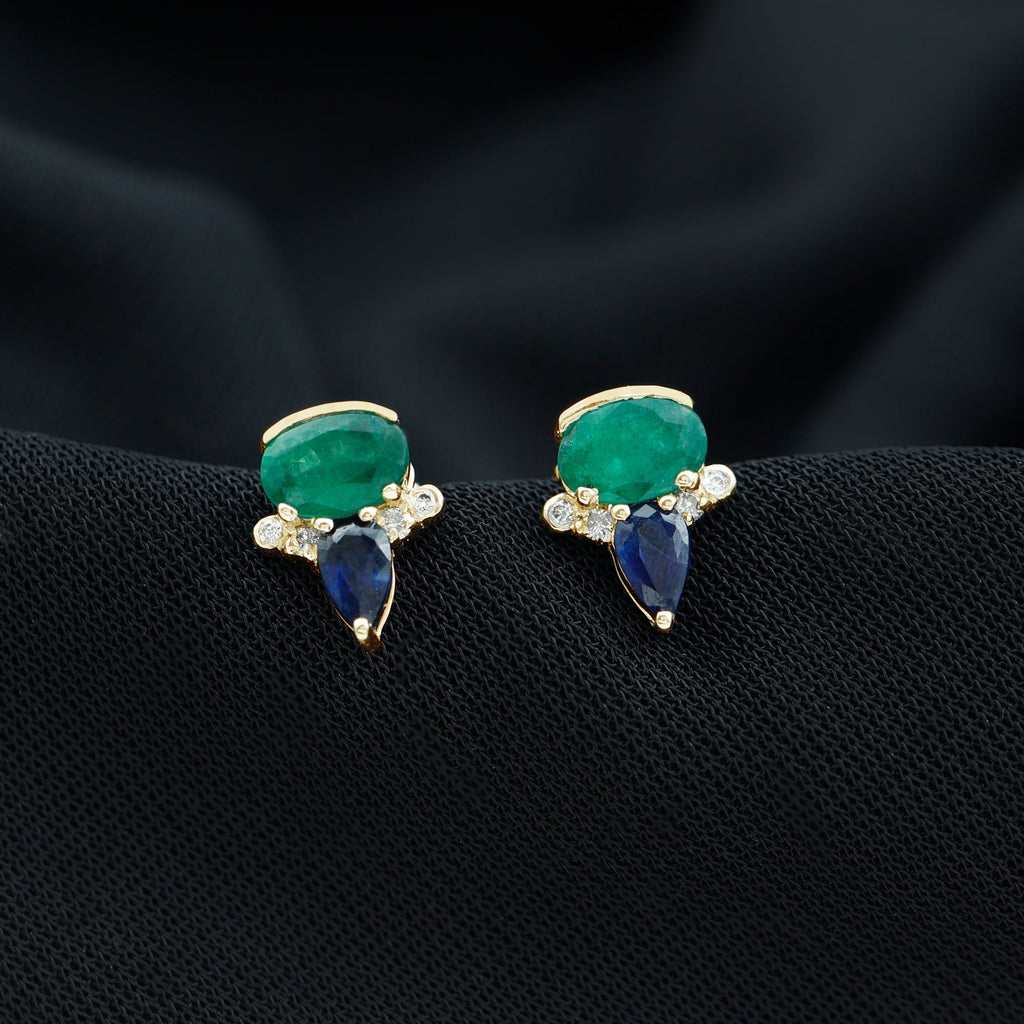 Blue Sapphire and Emerald Vintage Stud Earrings with Diamond