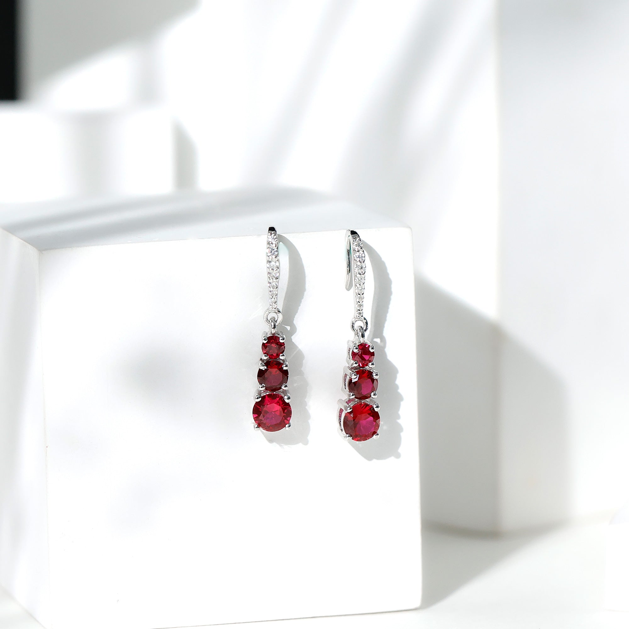 2.50 CT Lab Created Ruby Three Stone Dangle Earrings with Moissanite