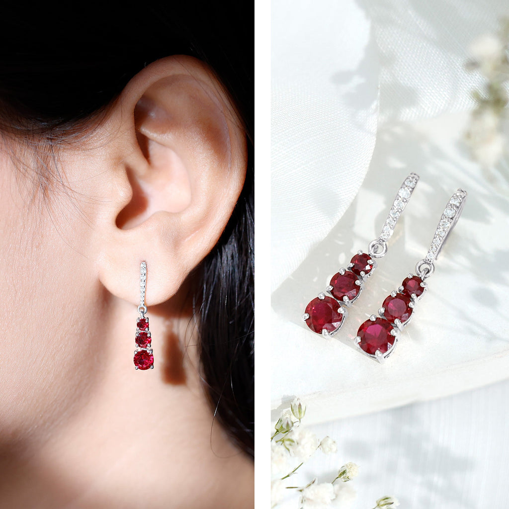 2.50 CT Lab Created Ruby Three Stone Dangle Earrings with Moissanite