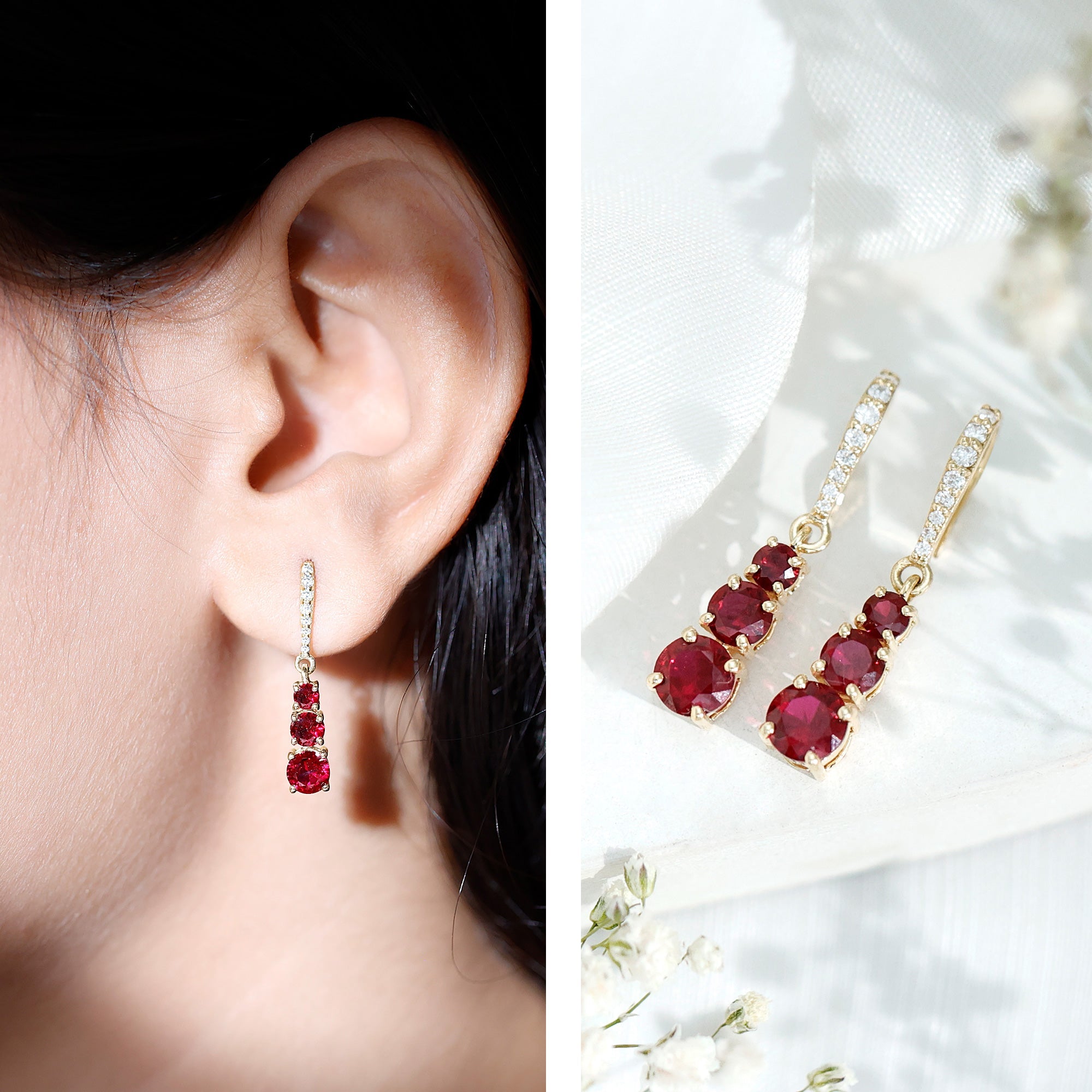 2.50 CT Lab Created Ruby Three Stone Dangle Earrings with Moissanite