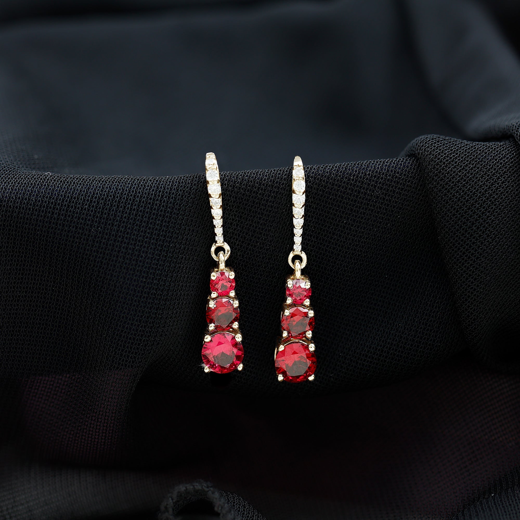 2.50 CT Lab Created Ruby Three Stone Dangle Earrings with Moissanite
