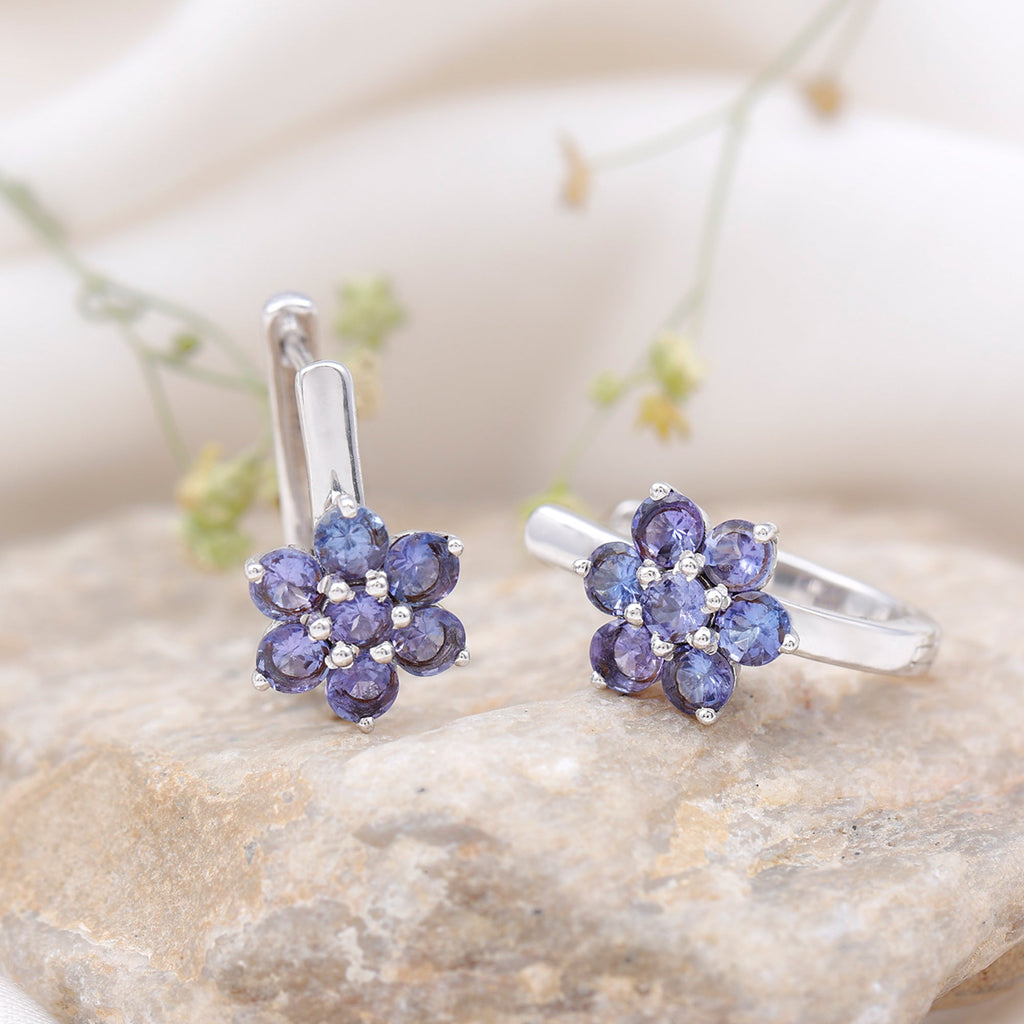 Round Shape Tanzanite Flower Hoop Earrings