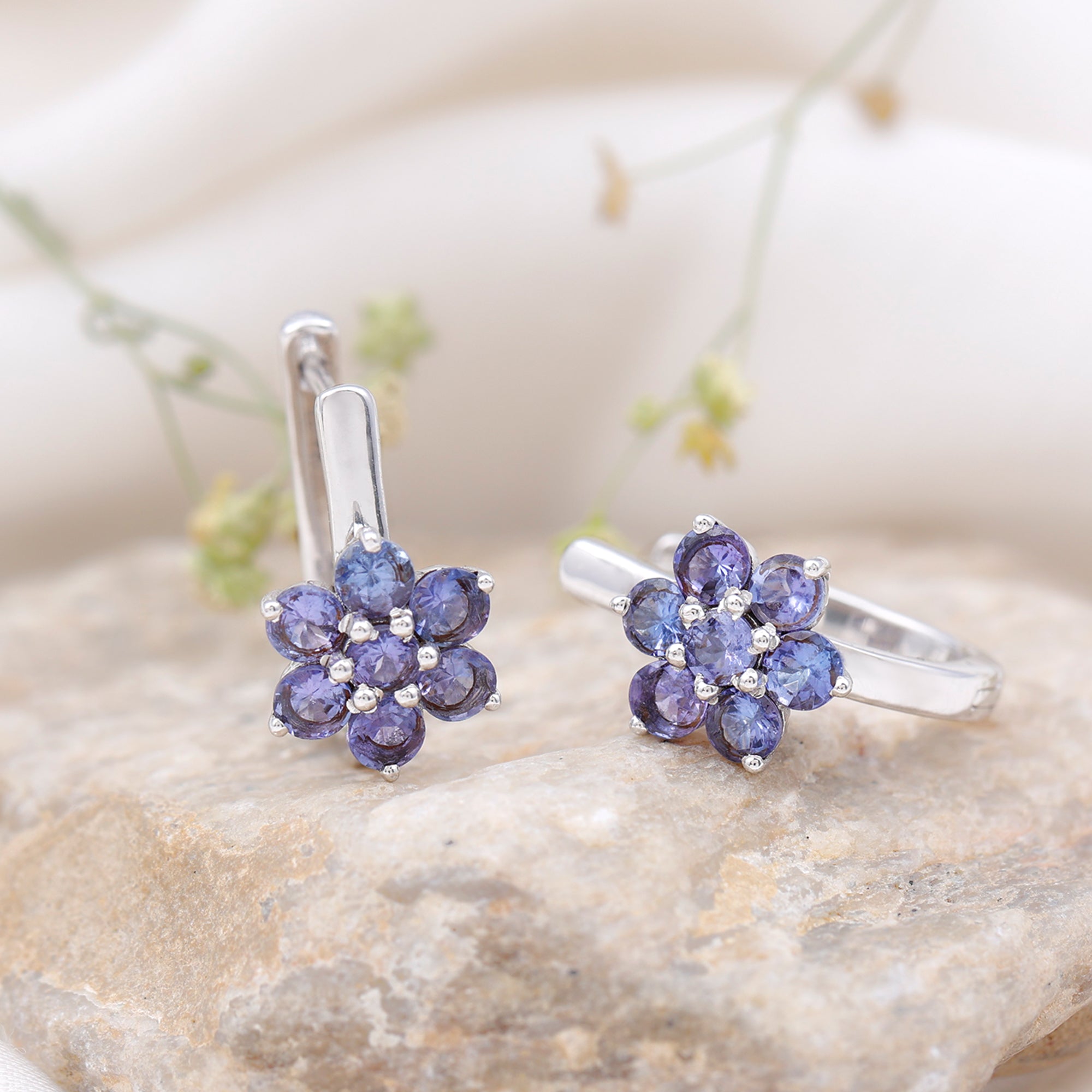 Round Shape Tanzanite Flower Hoop Earrings