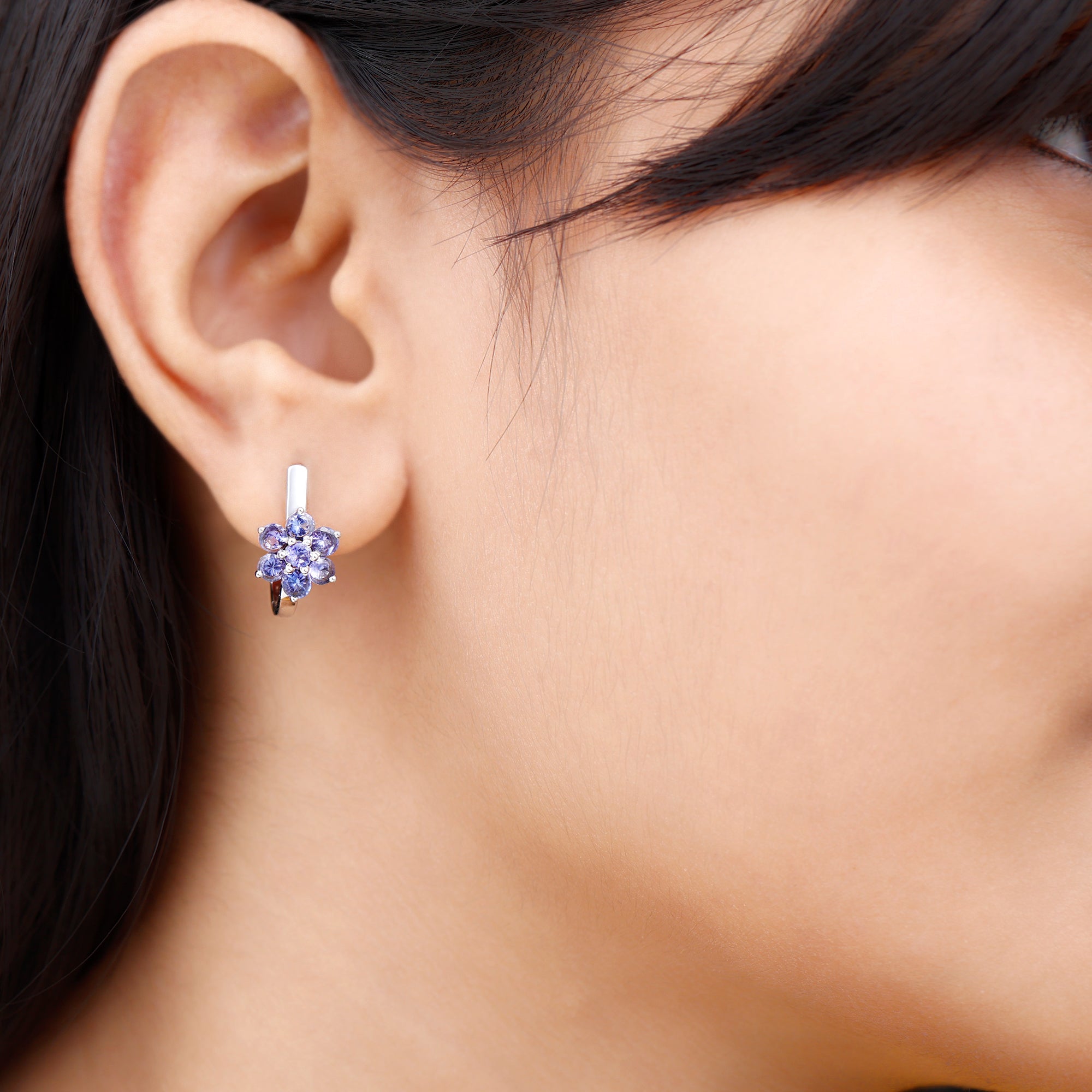 Round Shape Tanzanite Flower Hoop Earrings