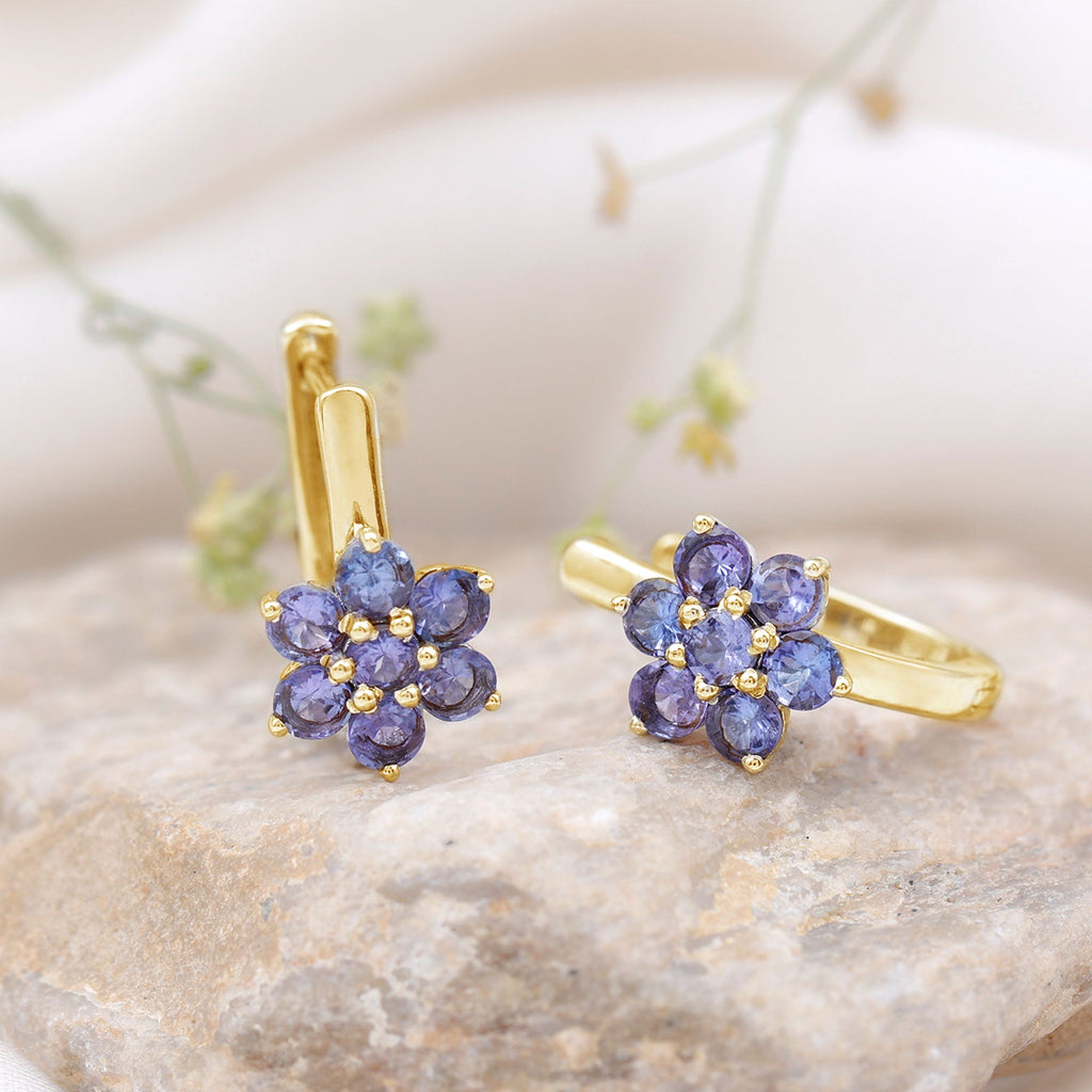Round Shape Tanzanite Flower Hoop Earrings