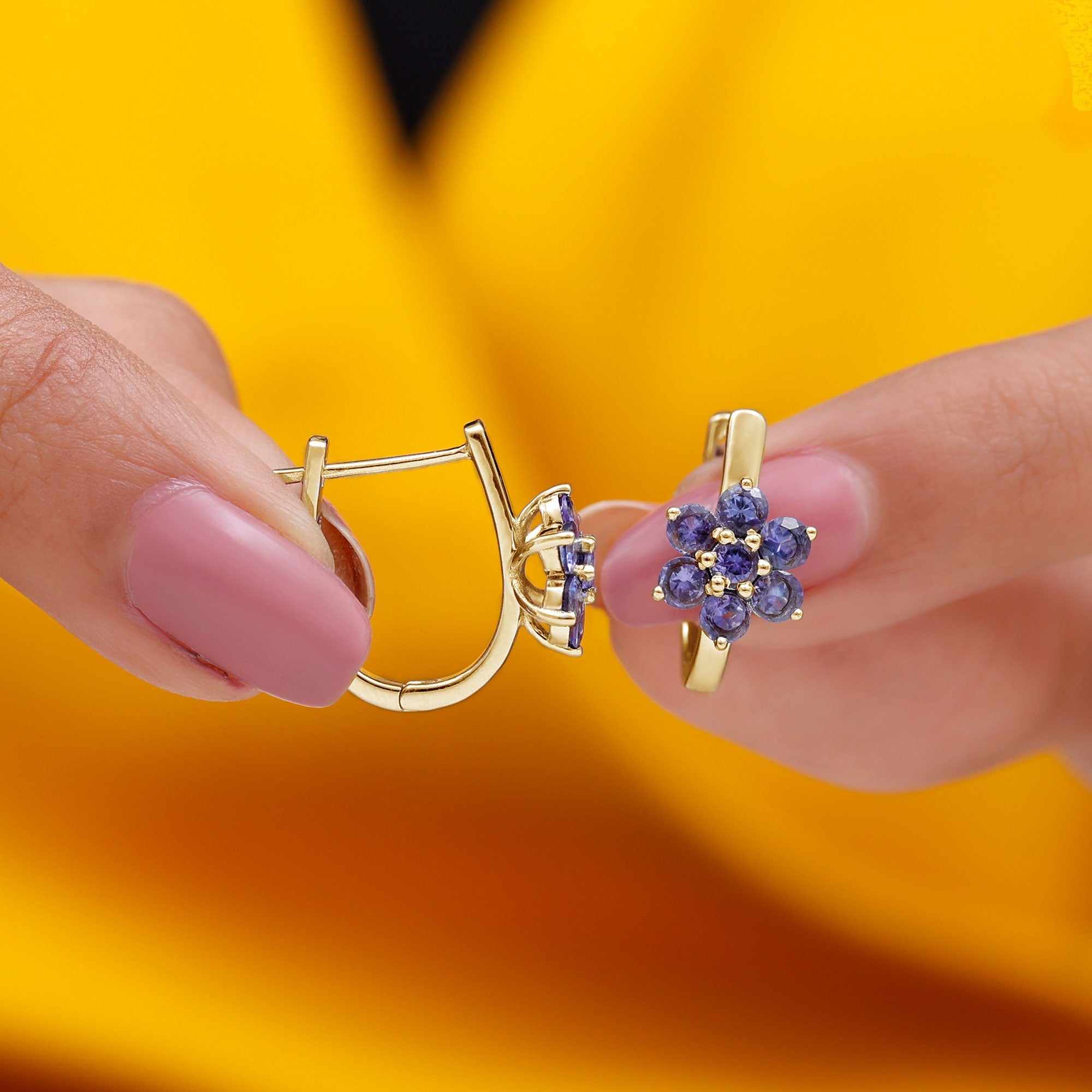 Round Shape Tanzanite Flower Hoop Earrings