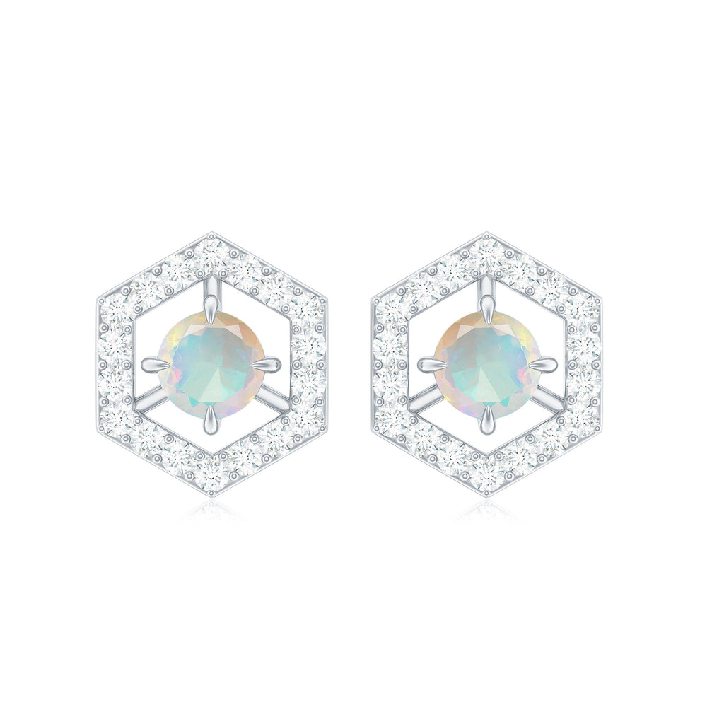 1 CT Minimal Ethiopian Opal and Diamond Geometric Stud Earrings