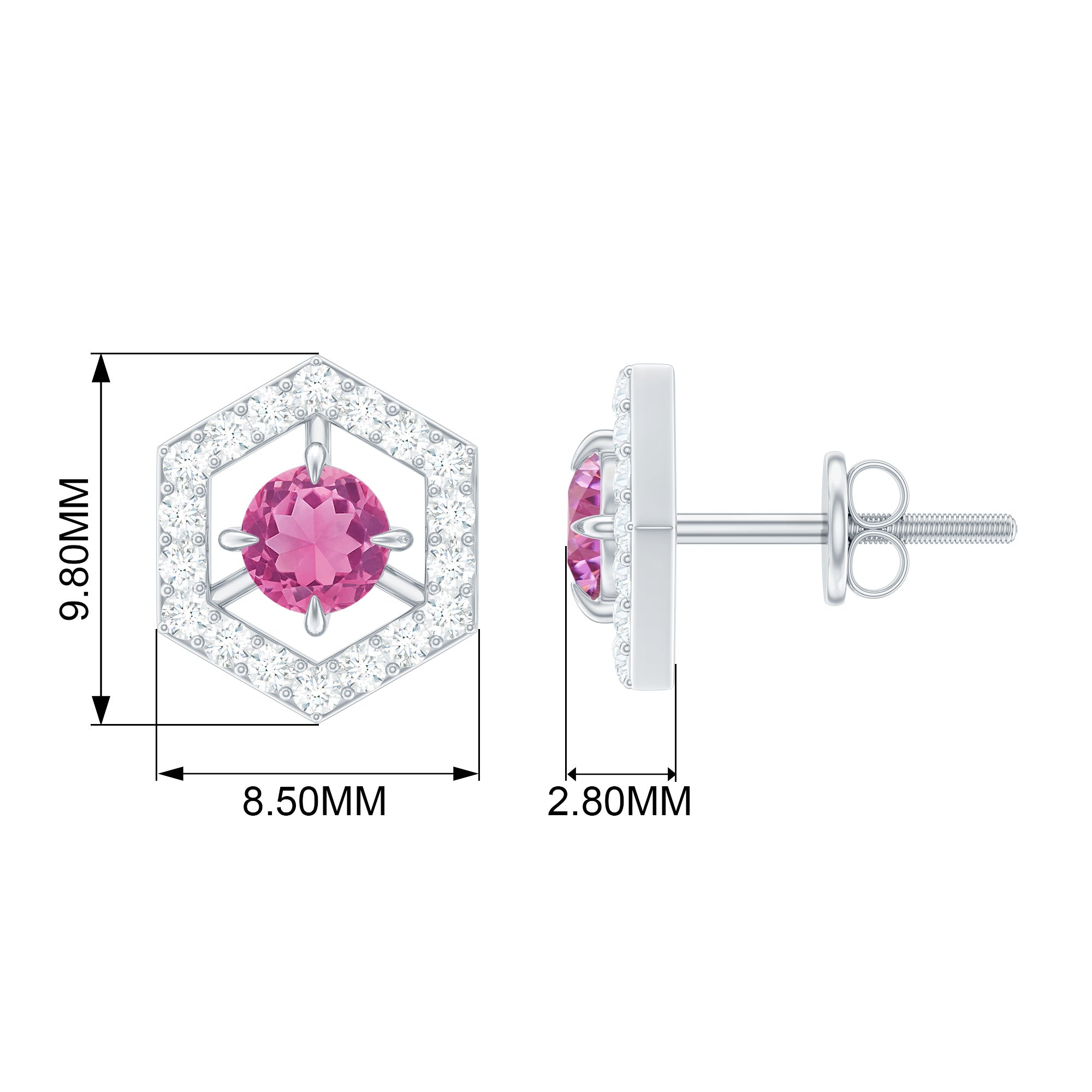 1 CT Minimal Pink Tourmaline and Diamond Geometric Stud Earrings