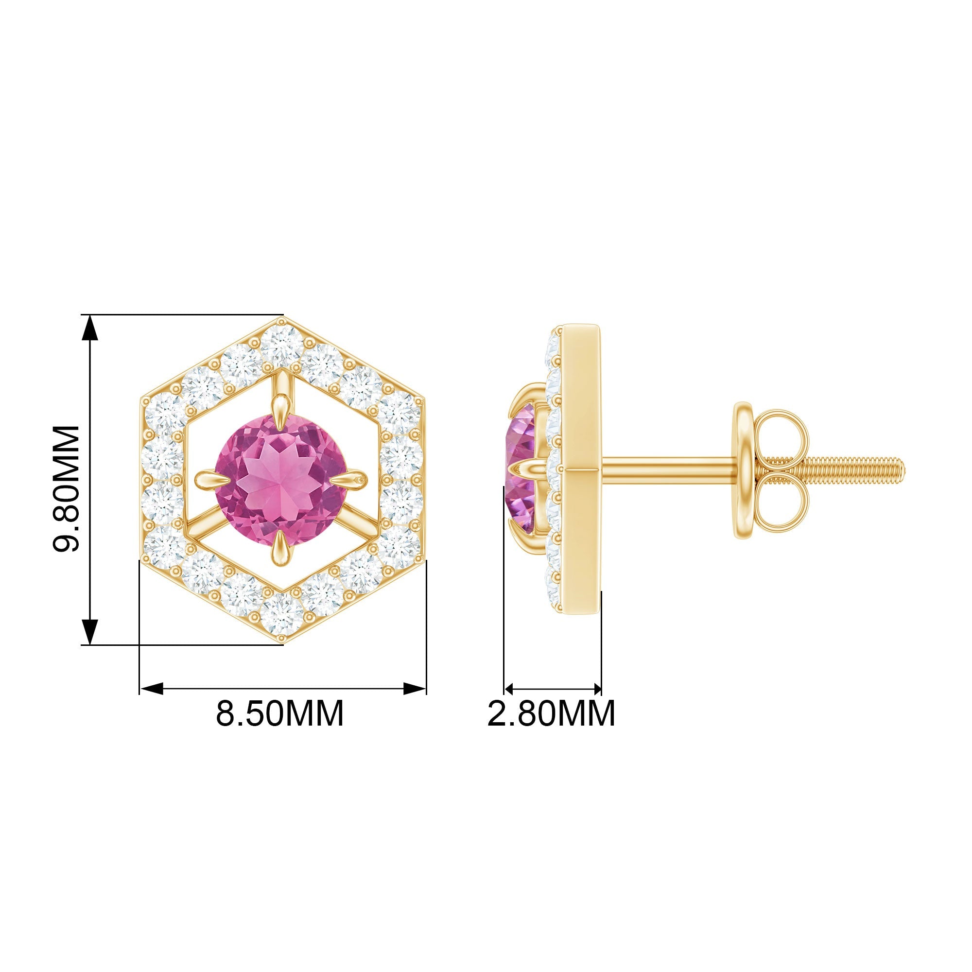 1 CT Minimal Pink Tourmaline and Diamond Geometric Stud Earrings