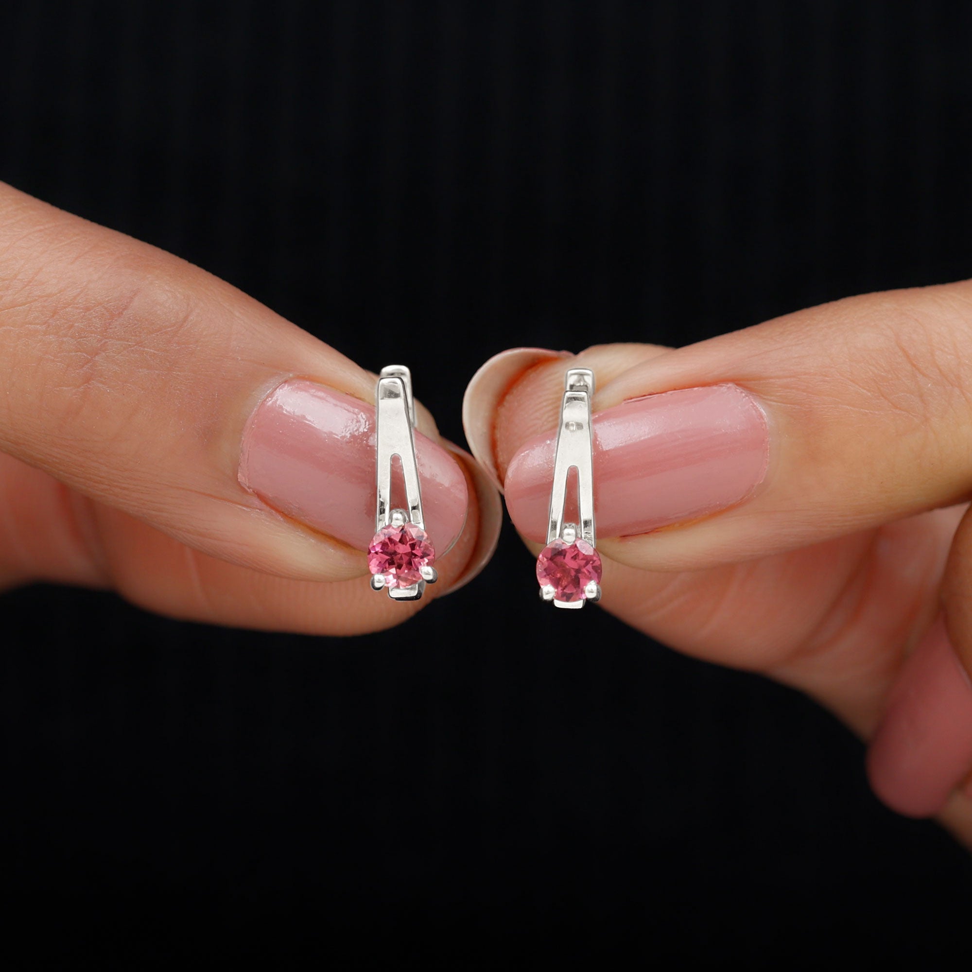Natural Pink Tourmaline J Hoop Earrings