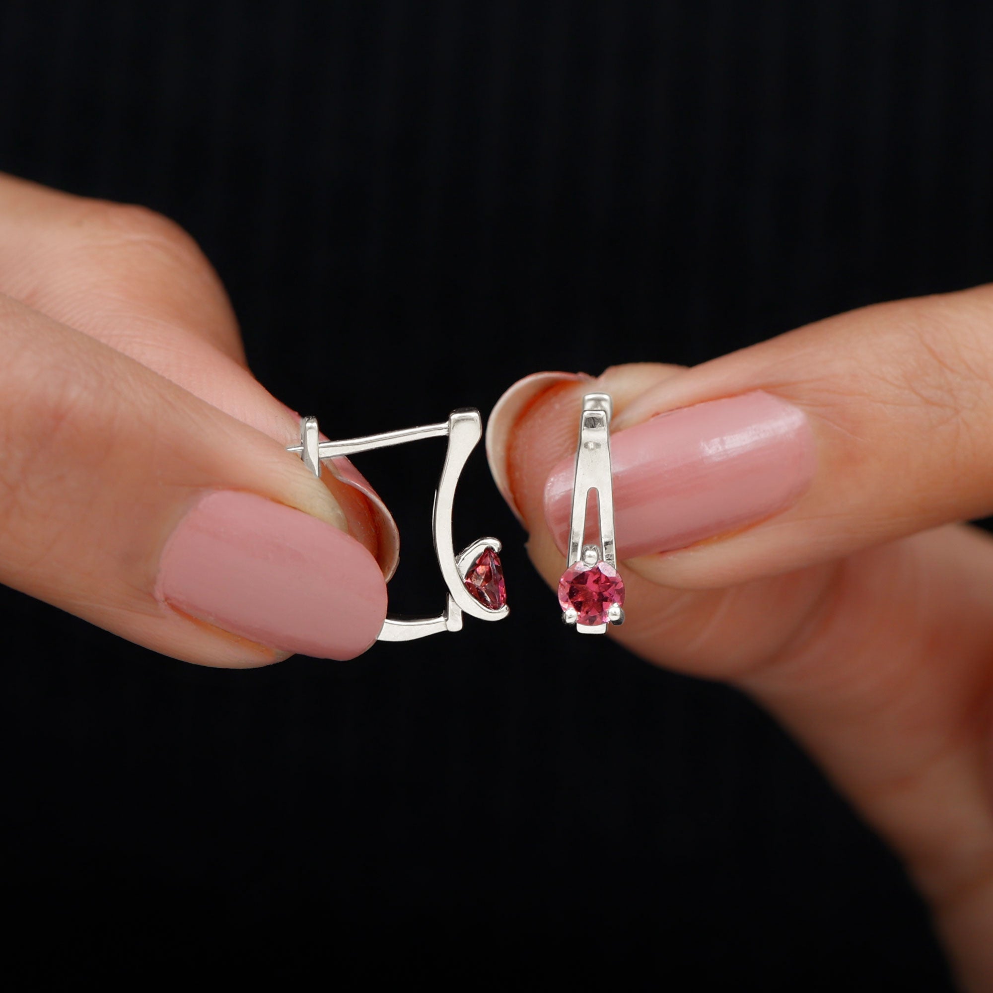 Natural Pink Tourmaline J Hoop Earrings