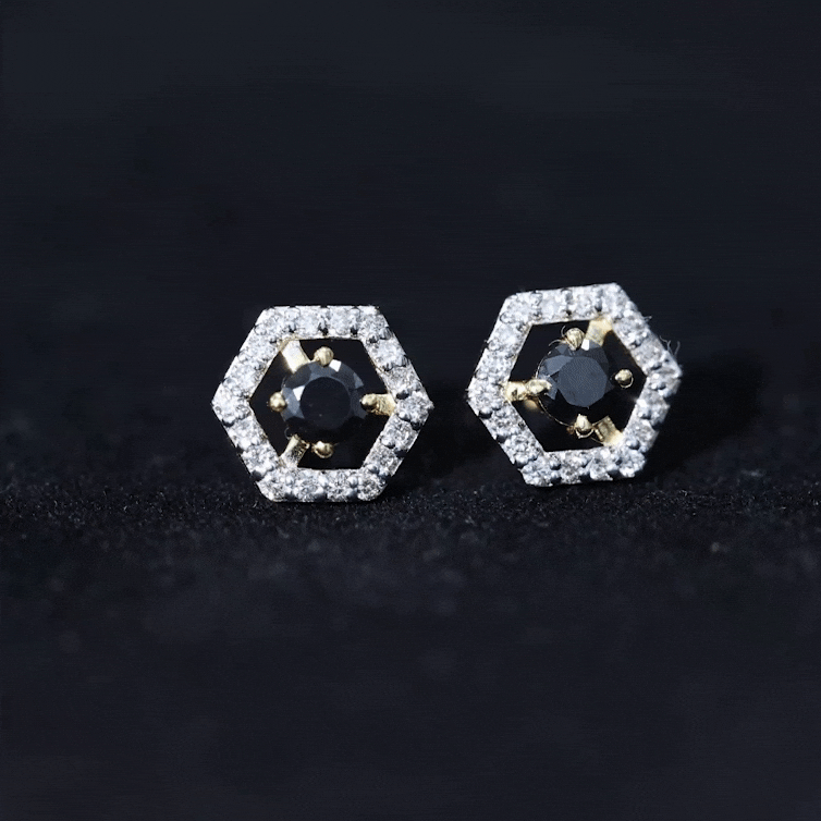 1 CT Black Spinel and Diamond Hexagon Stud Earrings