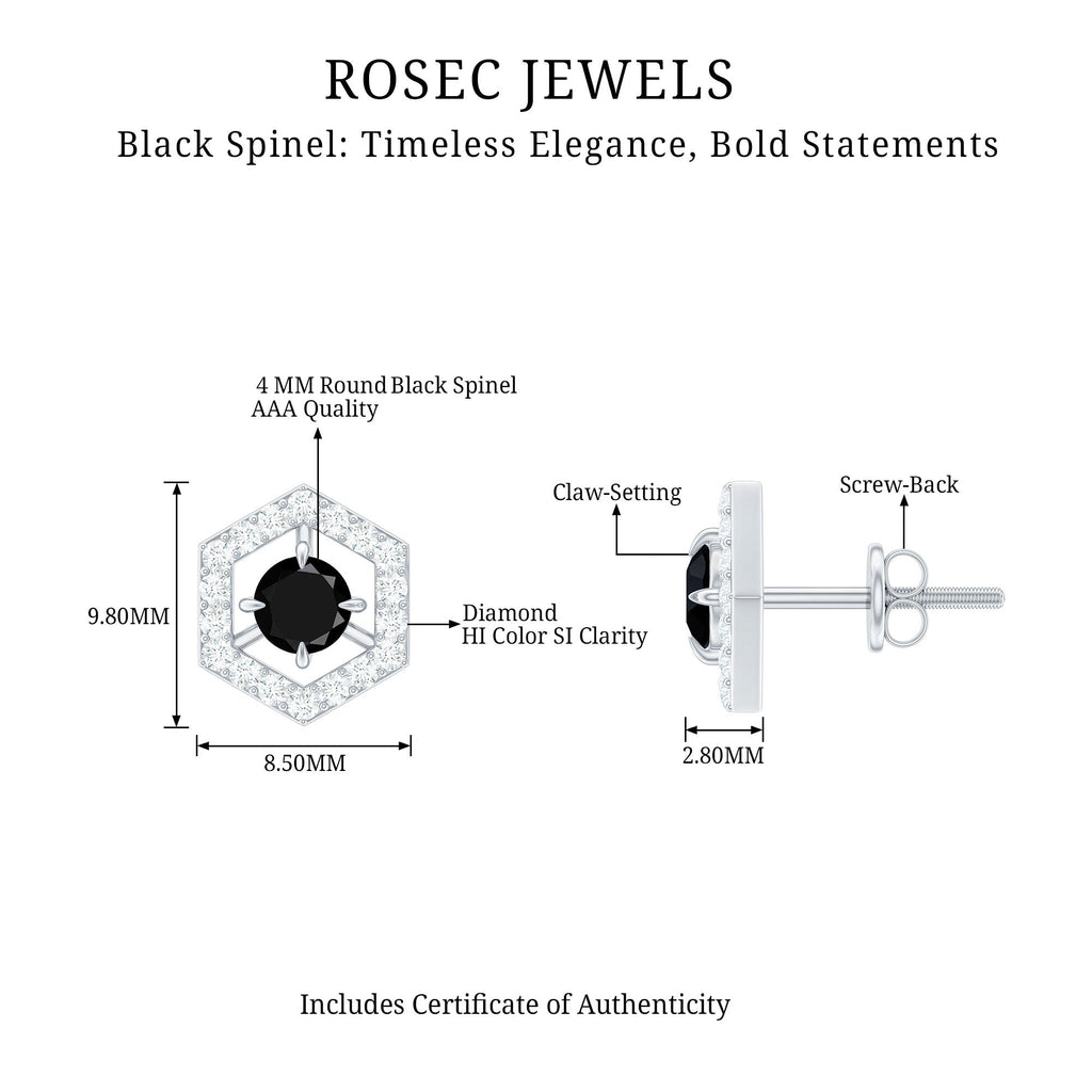 1 CT Black Spinel and Diamond Hexagon Stud Earrings