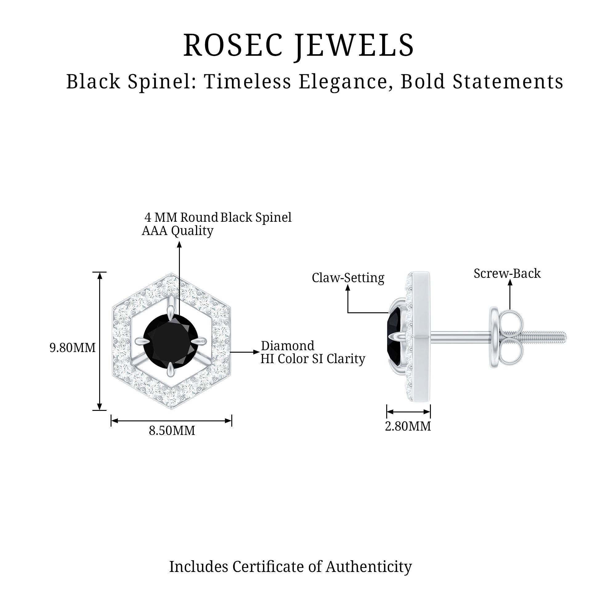 1 CT Black Spinel and Diamond Hexagon Stud Earrings