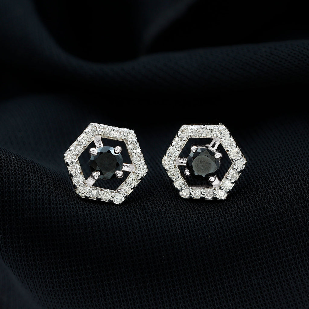 1 CT Black Spinel and Diamond Hexagon Stud Earrings