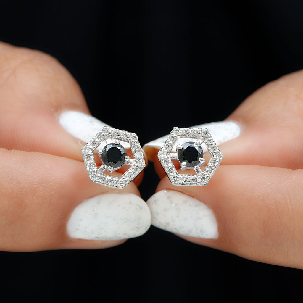 1 CT Black Spinel and Diamond Hexagon Stud Earrings
