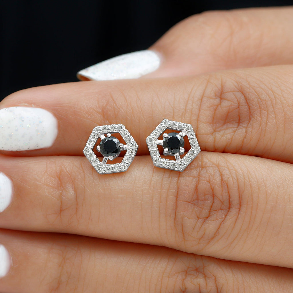1 CT Black Spinel and Diamond Hexagon Stud Earrings