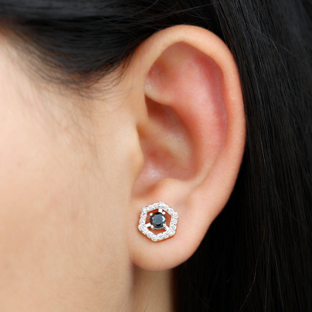 1 CT Black Spinel and Diamond Hexagon Stud Earrings