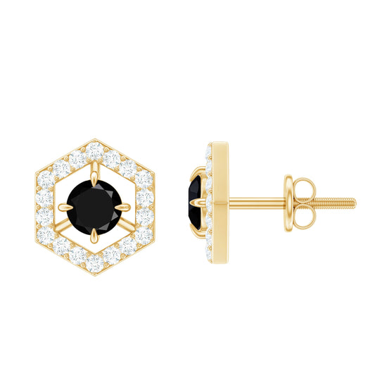 1 CT Black Spinel and Diamond Hexagon Stud Earrings