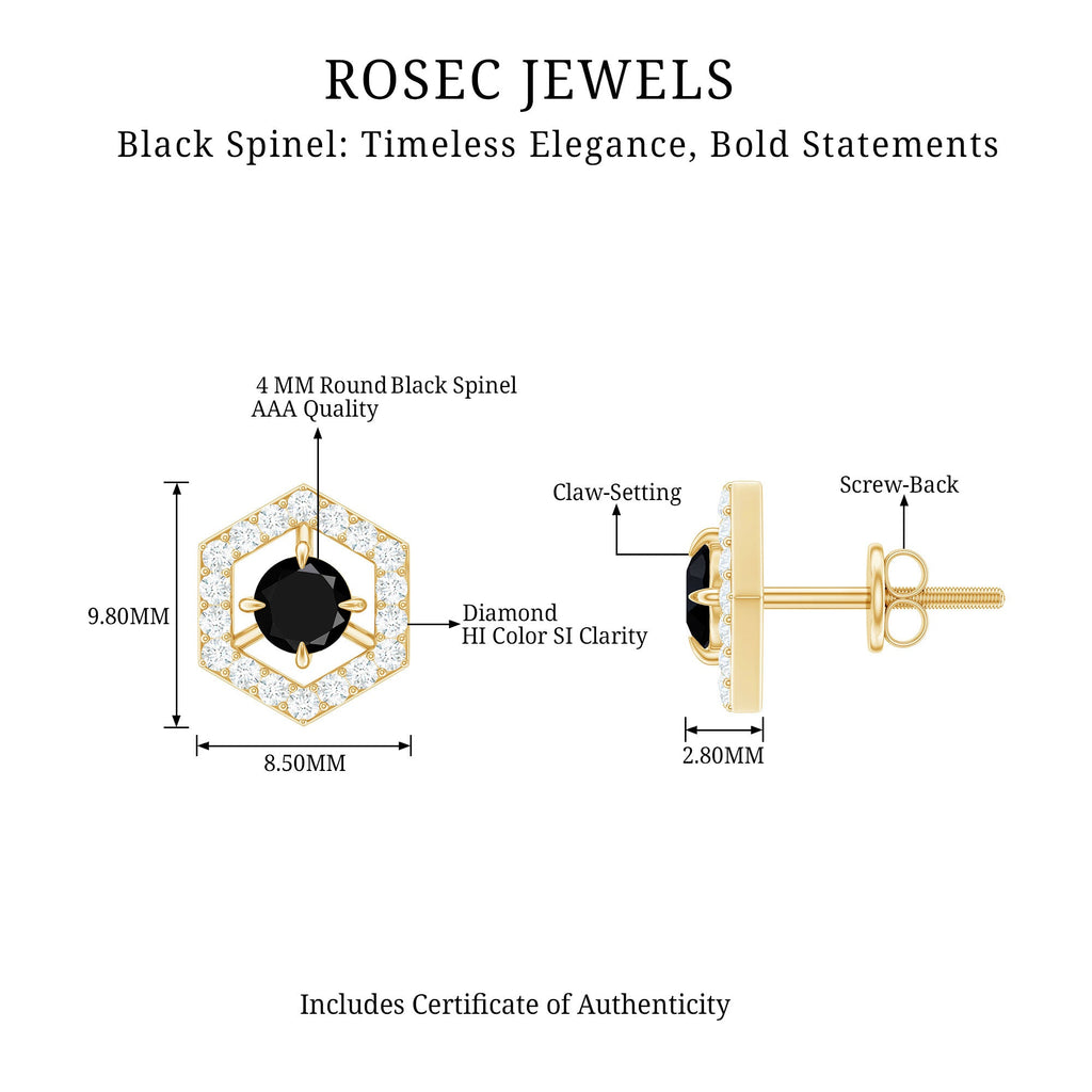 1 CT Black Spinel and Diamond Hexagon Stud Earrings
