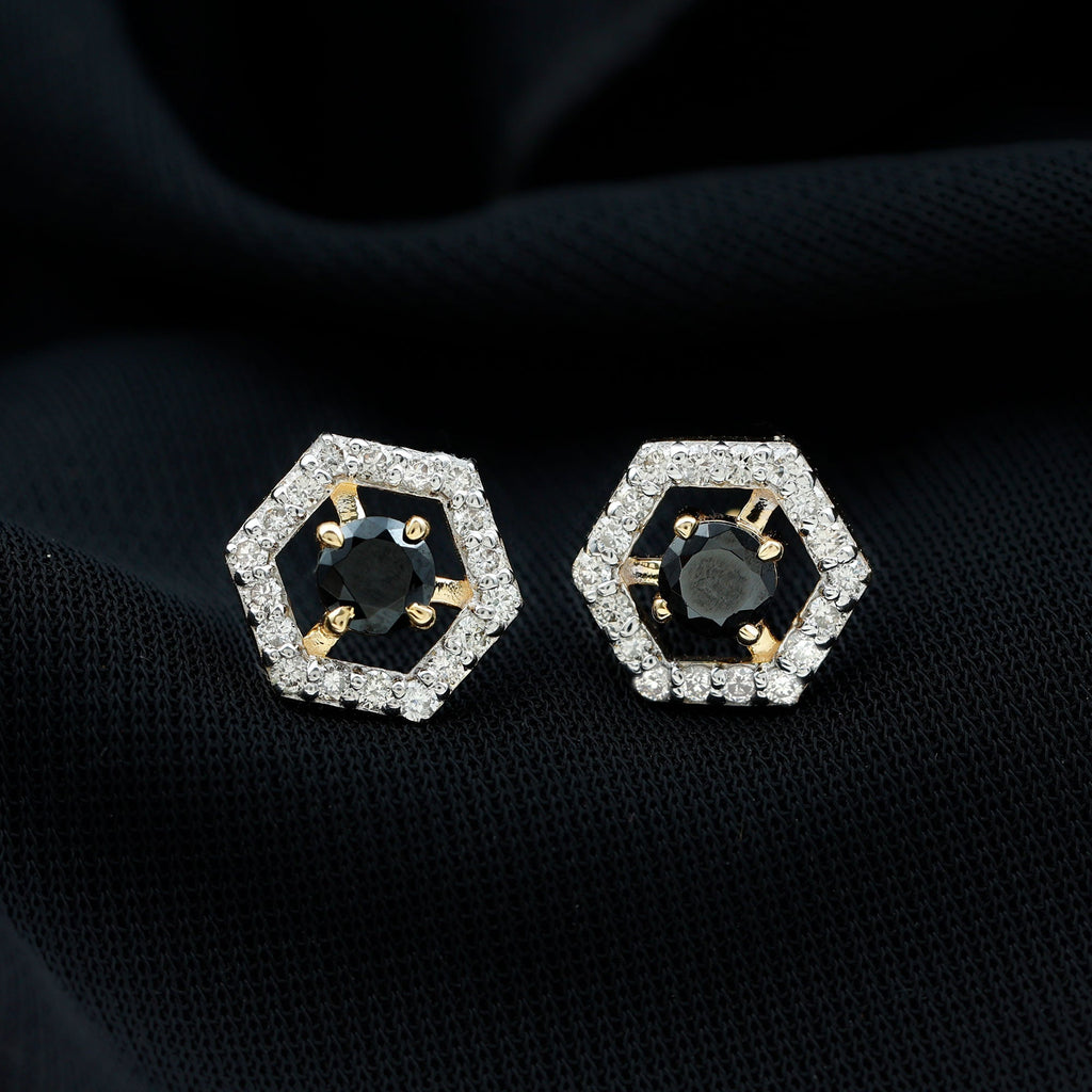 1 CT Black Spinel and Diamond Hexagon Stud Earrings