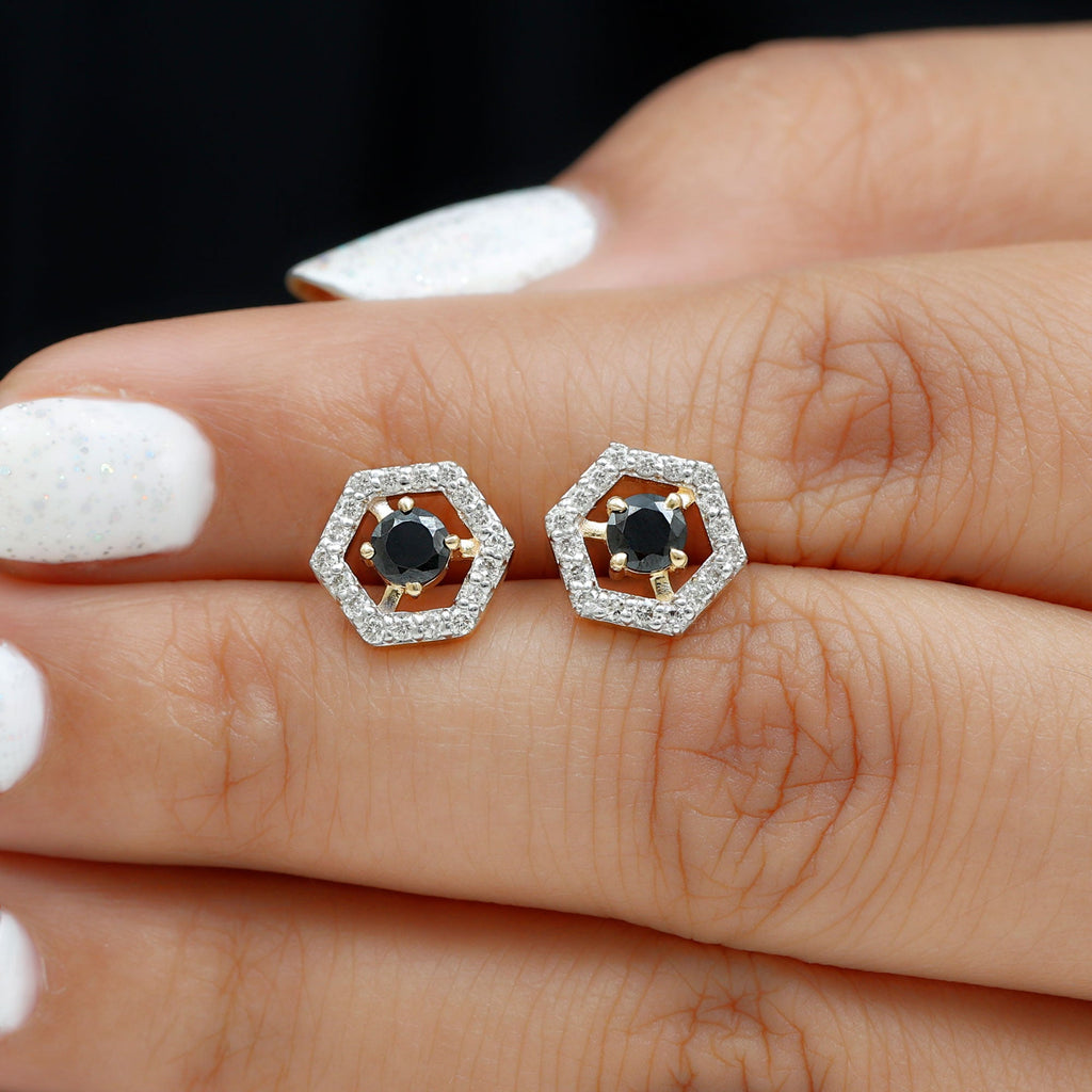 1 CT Black Spinel and Diamond Hexagon Stud Earrings