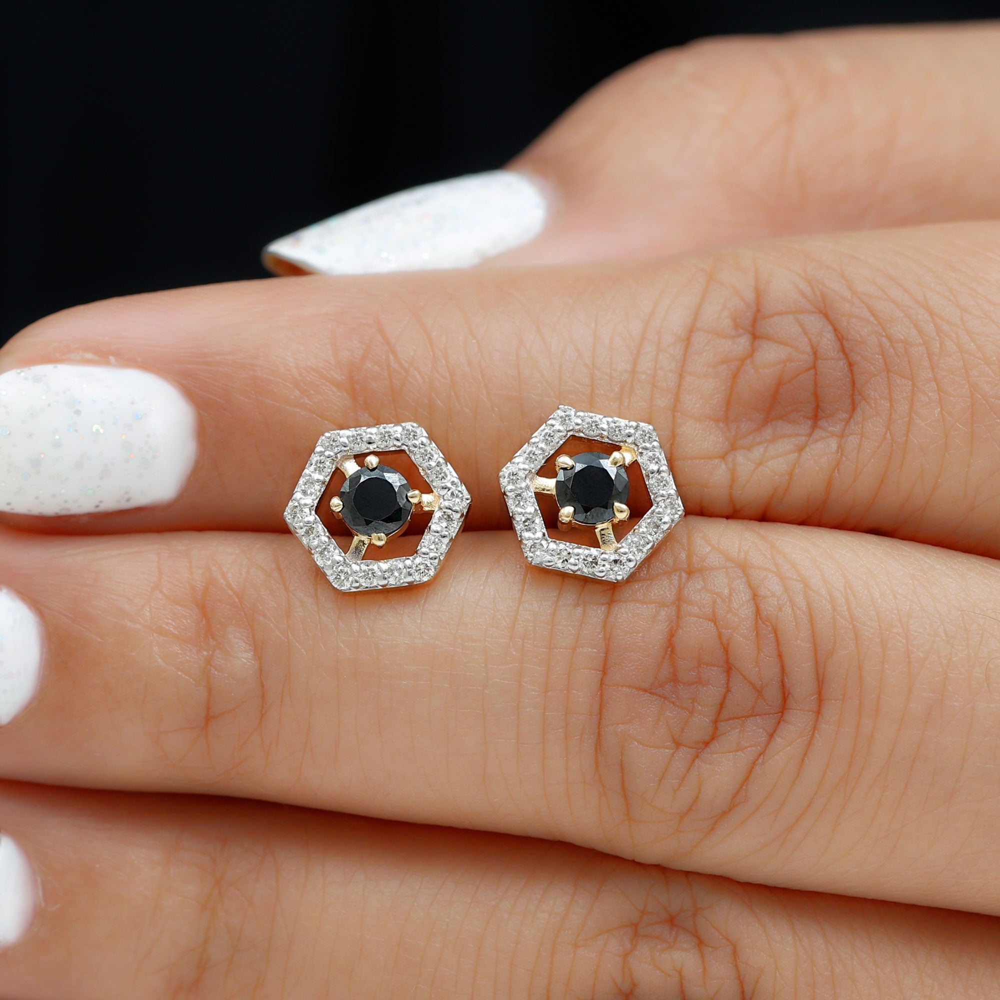 1 CT Black Spinel and Diamond Hexagon Stud Earrings