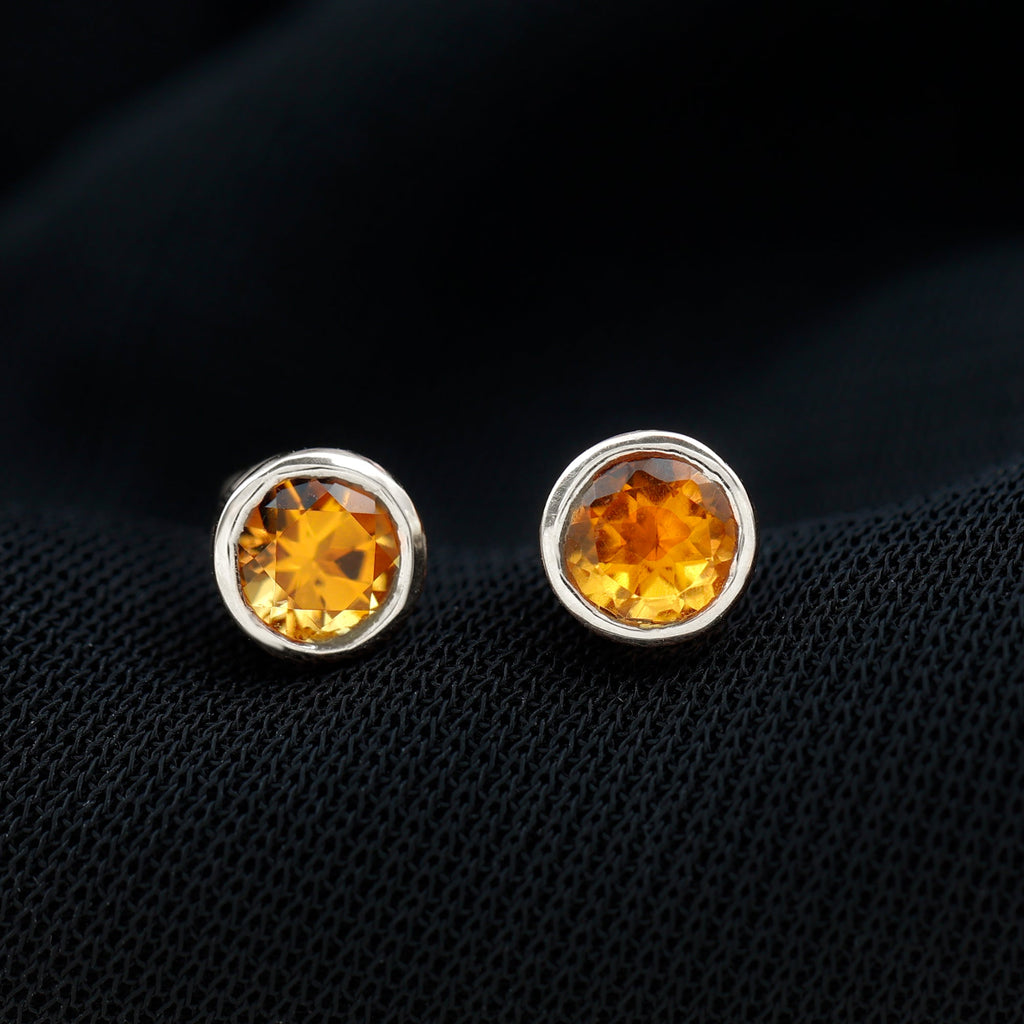 Solitaire 1 Carat Citrine Stud Earrings in Bezel Setting