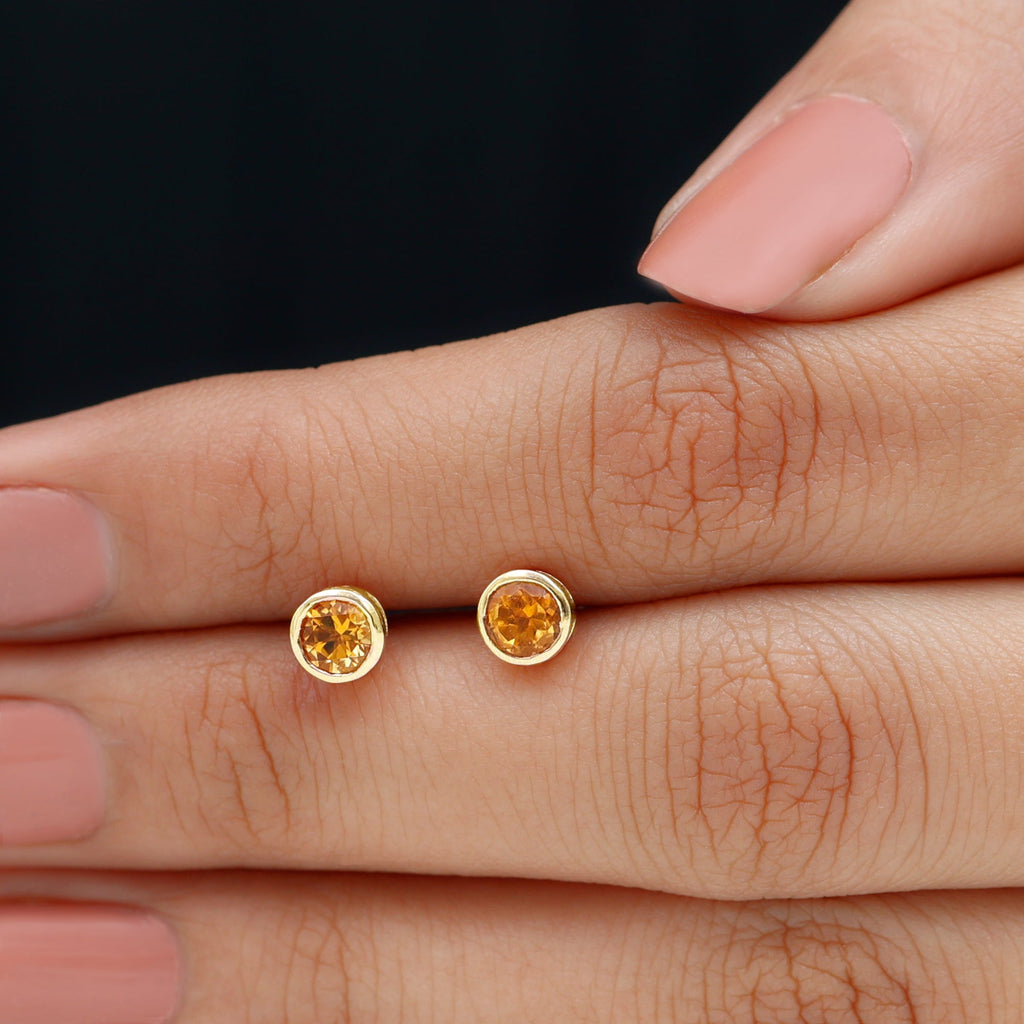 Solitaire 1 Carat Citrine Stud Earrings in Bezel Setting