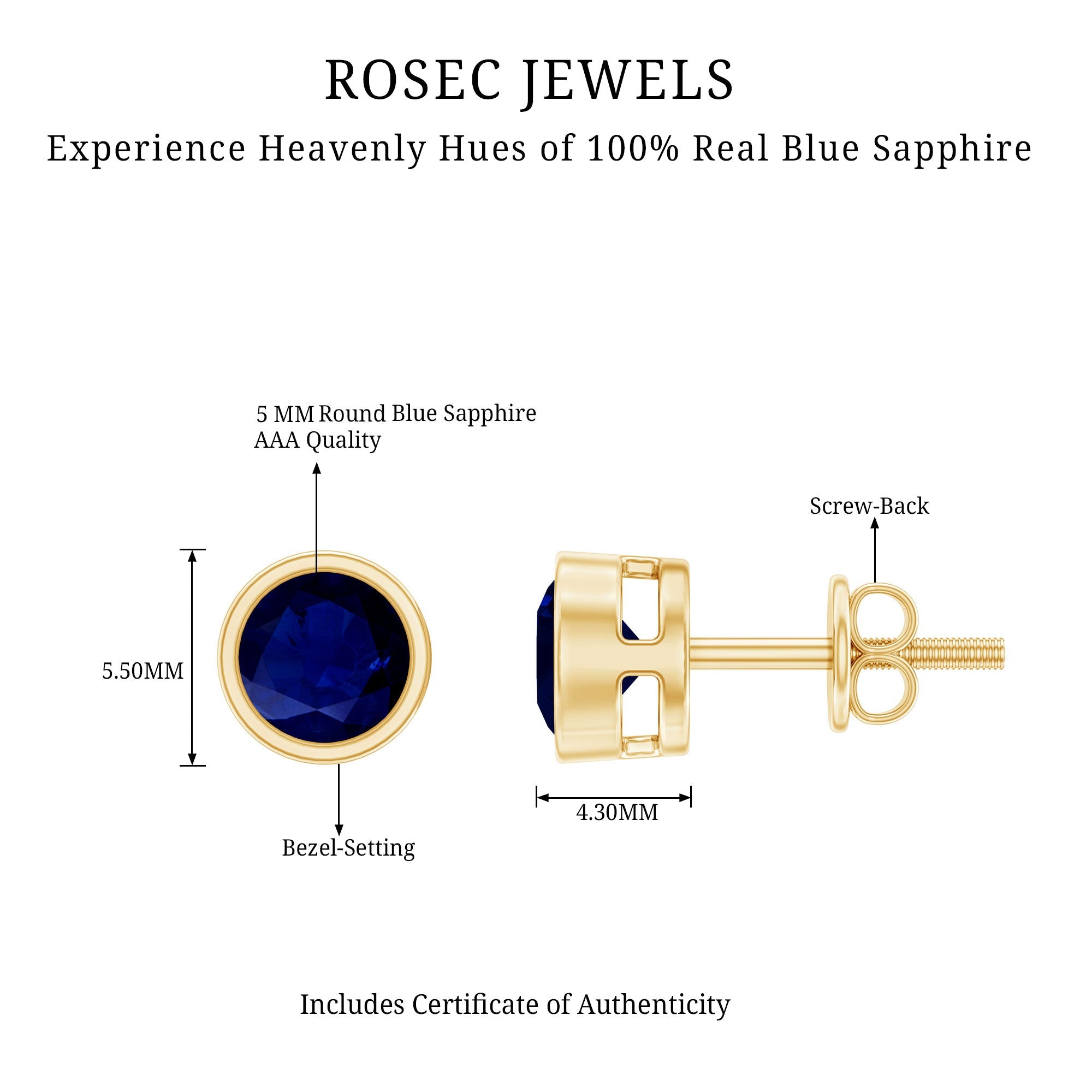 3/4 CT Bezel Set Blue Sapphire Solitaire Stud Earrings in Gold