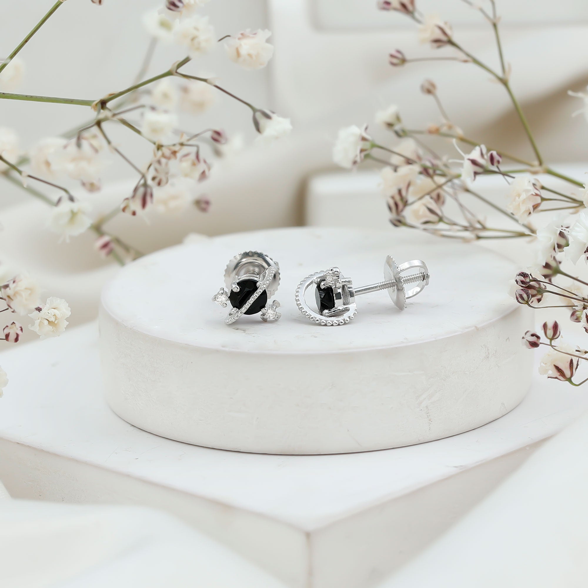 Black Spinel Celestial Stud Earrings with Diamond Stones