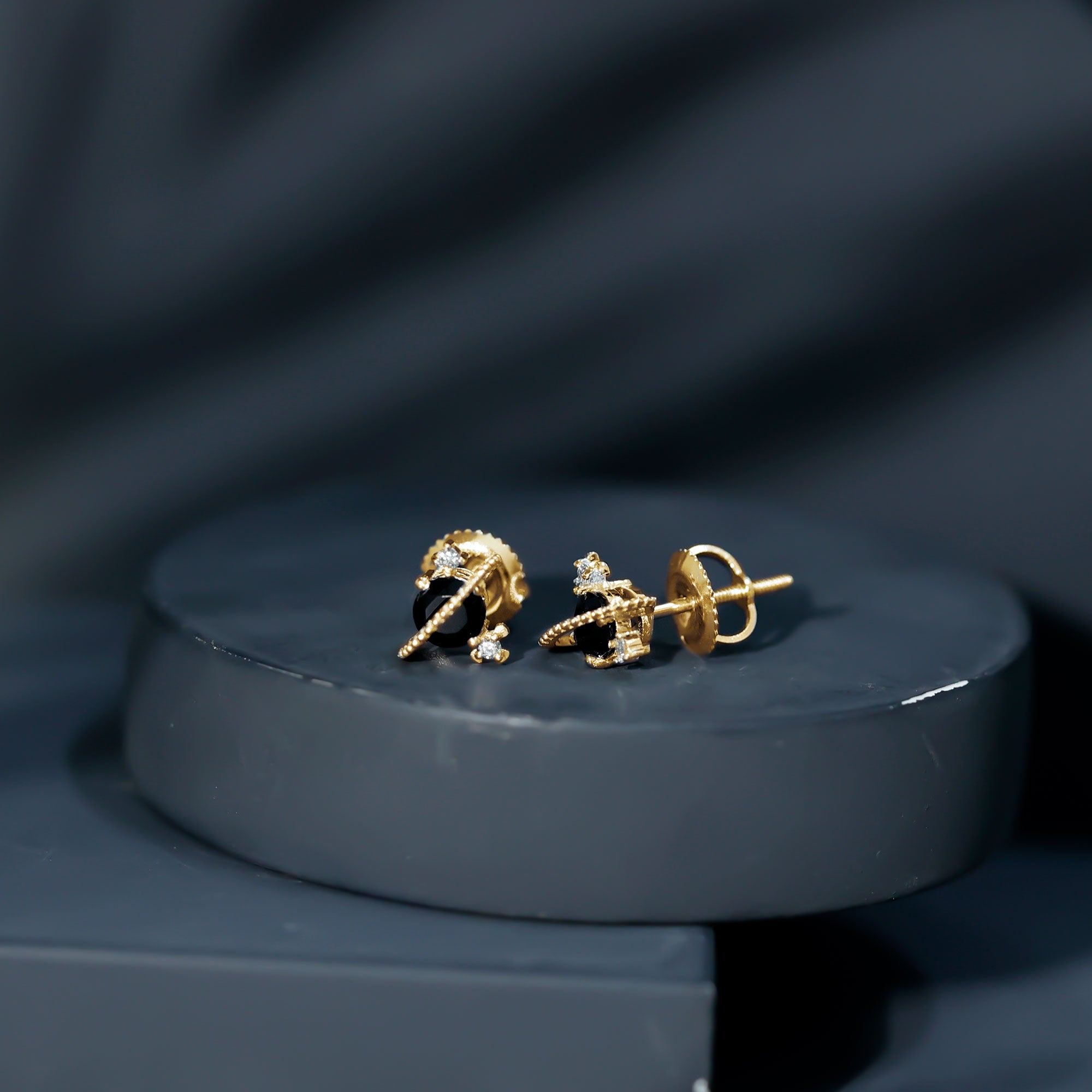 Black Spinel Celestial Stud Earrings with Diamond Stones