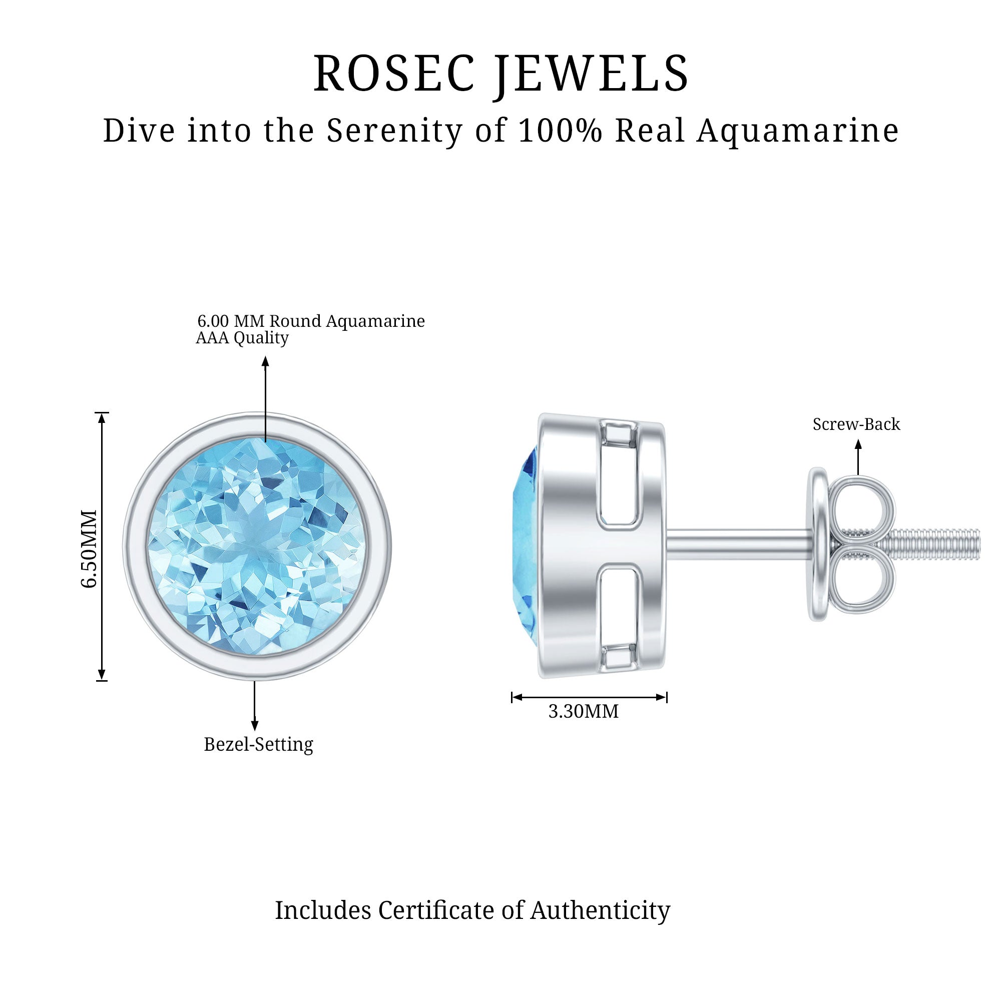 Natural 1.6 Carat Aquamarine Stud Earrings in Bezel Setting