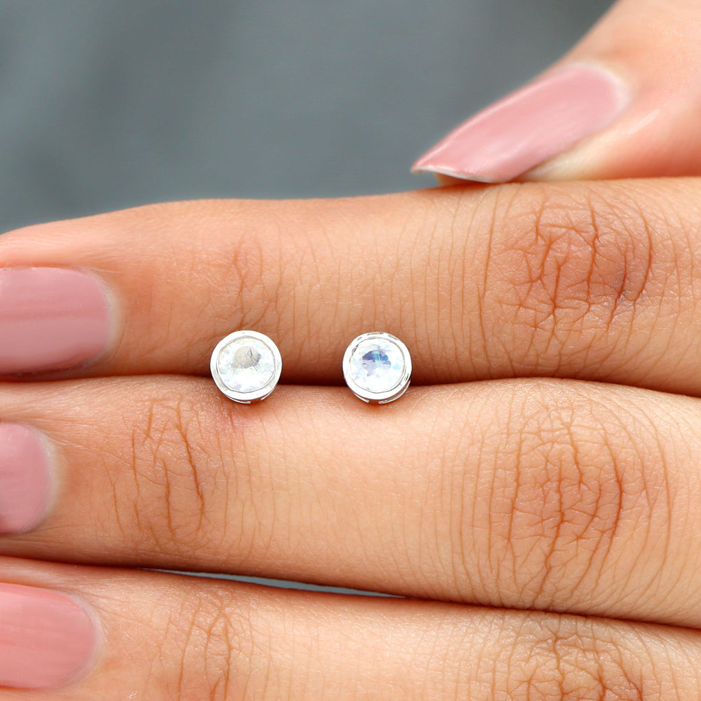 Real Moonstone Solitaire Stud Earrings in Bezel Setting