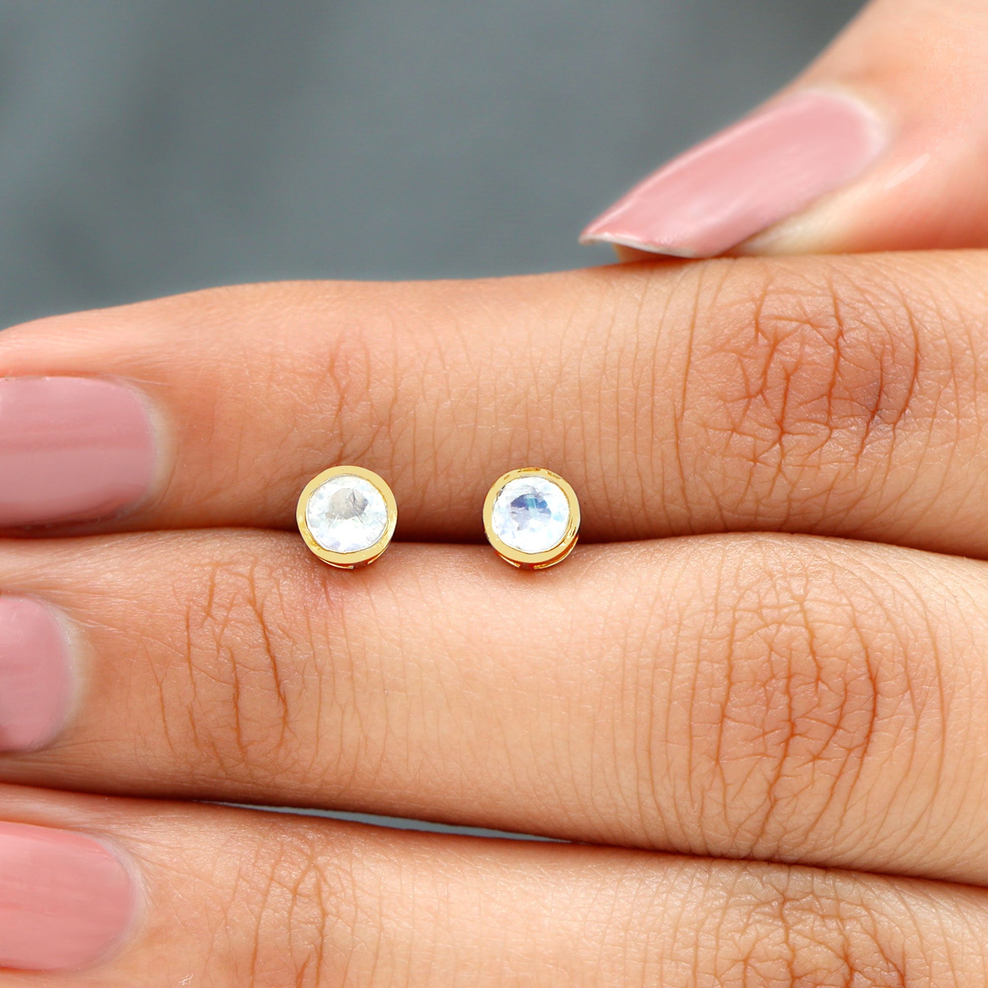 Real Moonstone Solitaire Stud Earrings in Bezel Setting