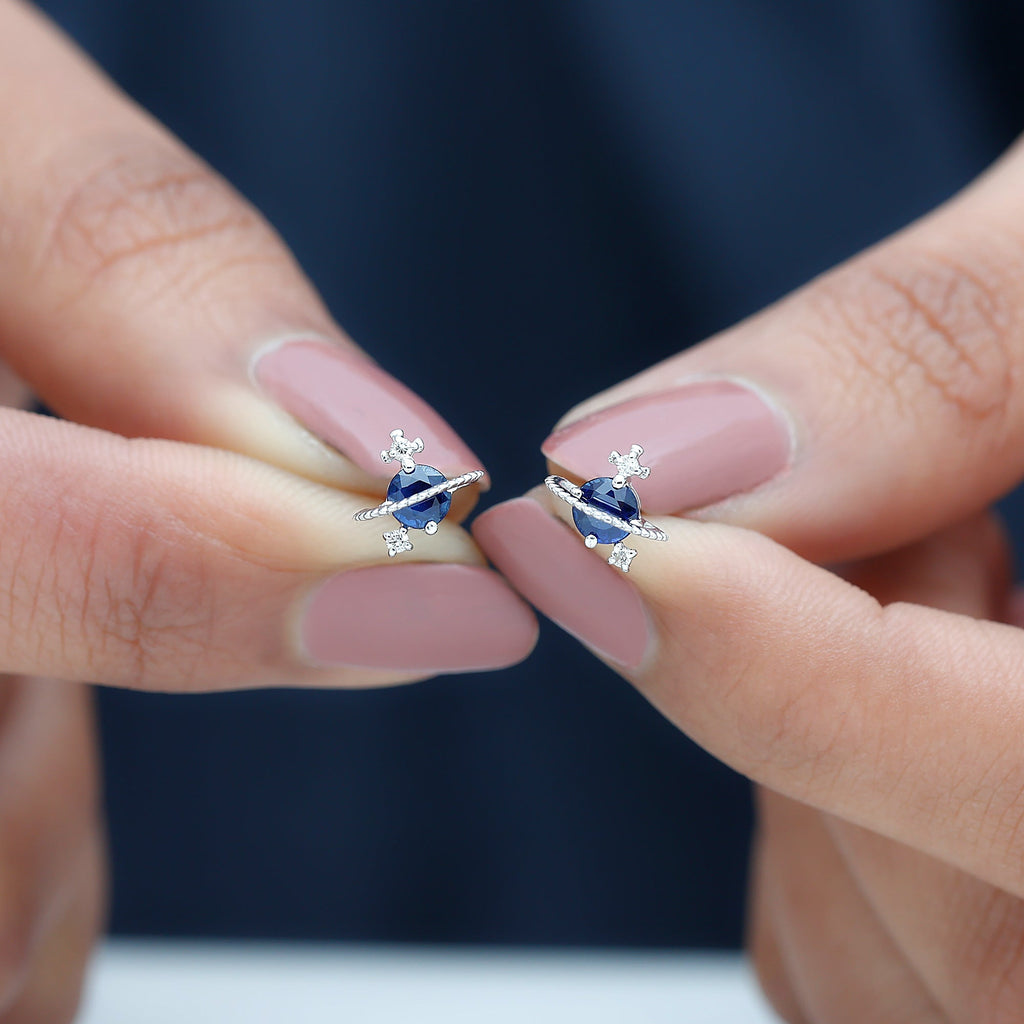 Natural 0.8 Carat Blue Sapphire and Diamond Contemporary Stud Earrings