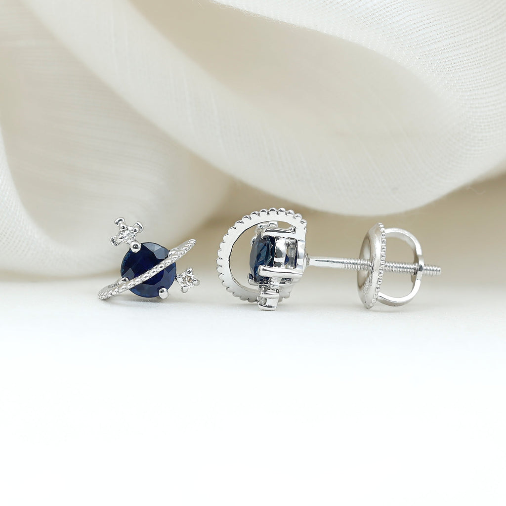 Natural 0.8 Carat Blue Sapphire and Diamond Contemporary Stud Earrings