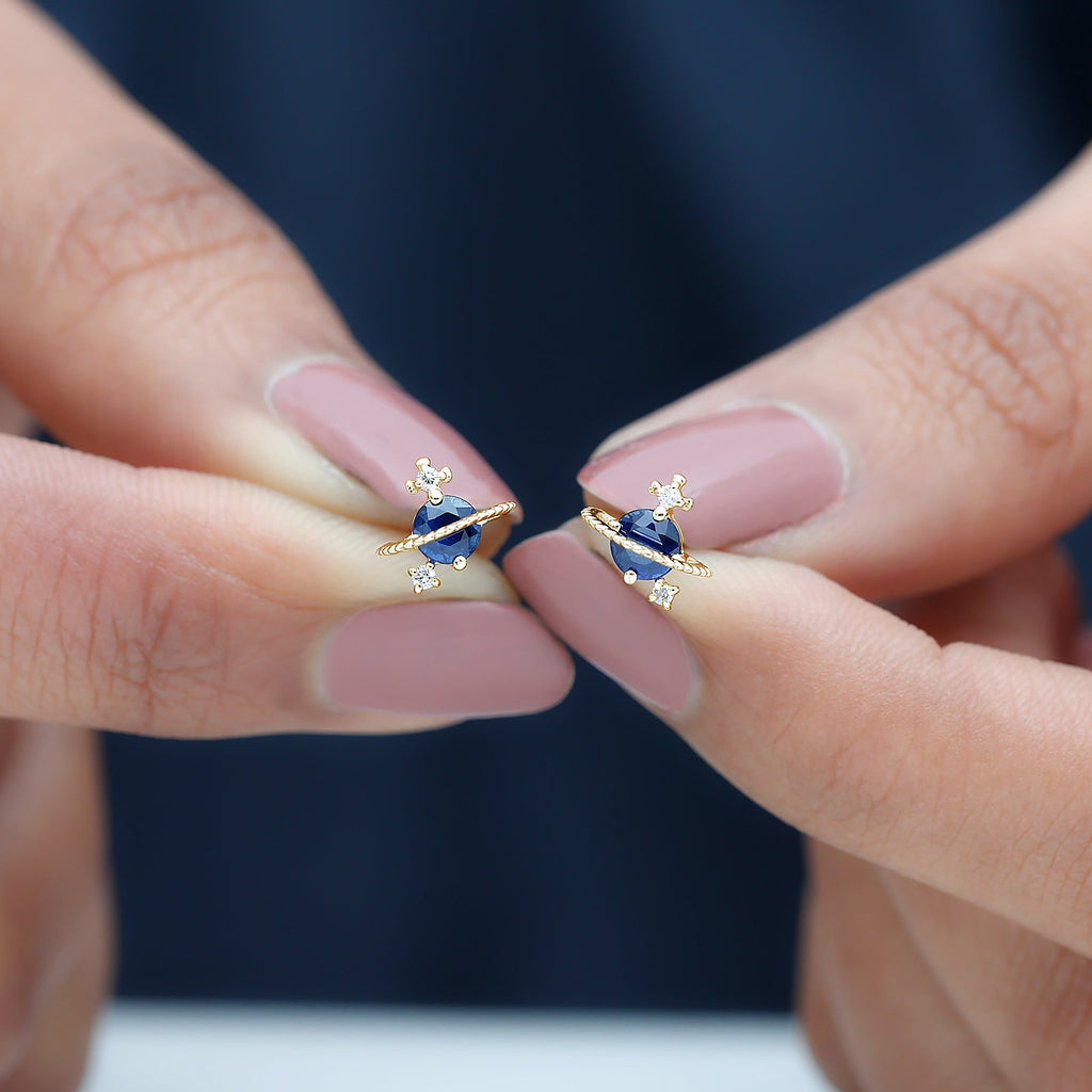 Natural 0.8 Carat Blue Sapphire and Diamond Contemporary Stud Earrings