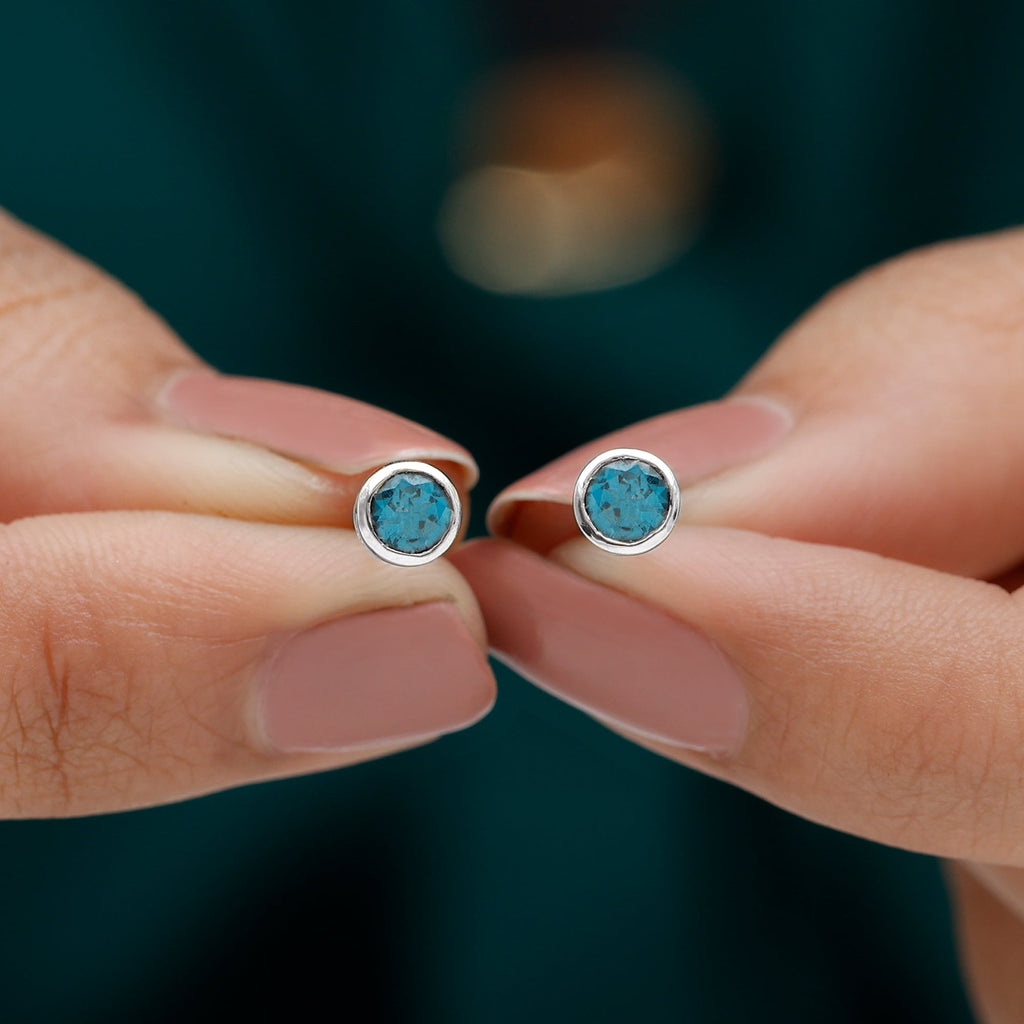 Bezel Set Round London Blue Topaz Solitaire Stud Earrings