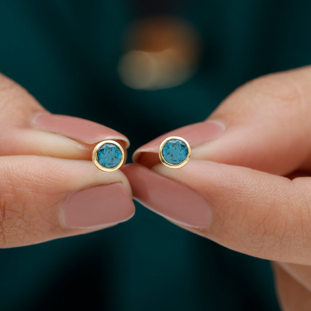 Bezel Set Round London Blue Topaz Solitaire Stud Earrings