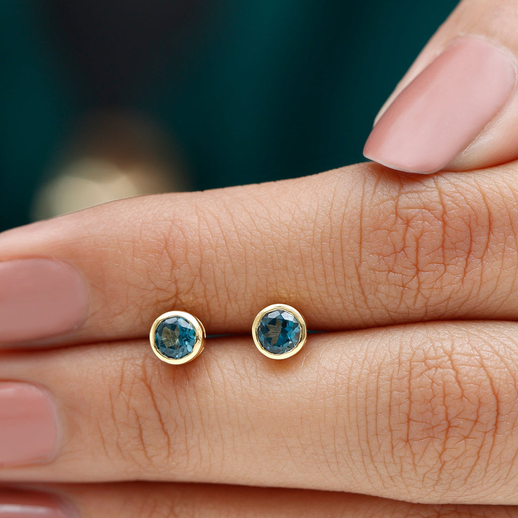 Bezel Set Round London Blue Topaz Solitaire Stud Earrings