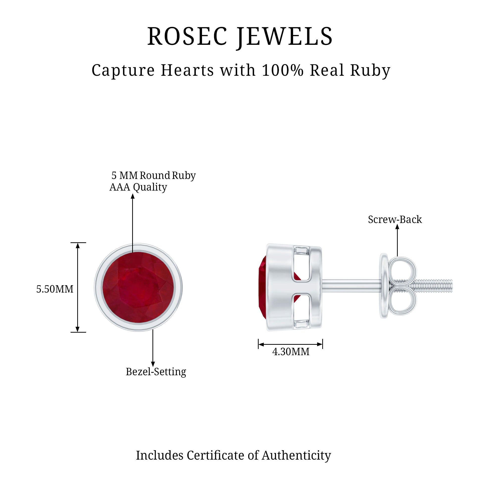 Bezel Set Genuine Ruby Solitaire Stud Earrings