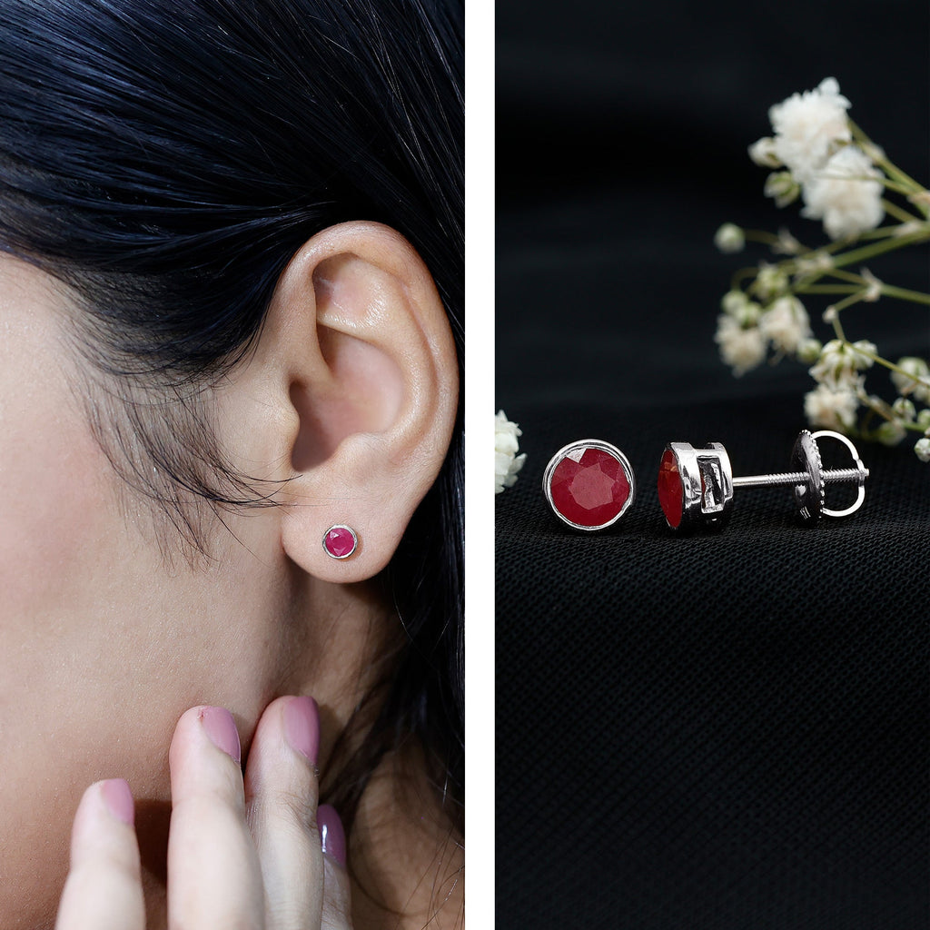 Bezel Set Genuine Ruby Solitaire Stud Earrings